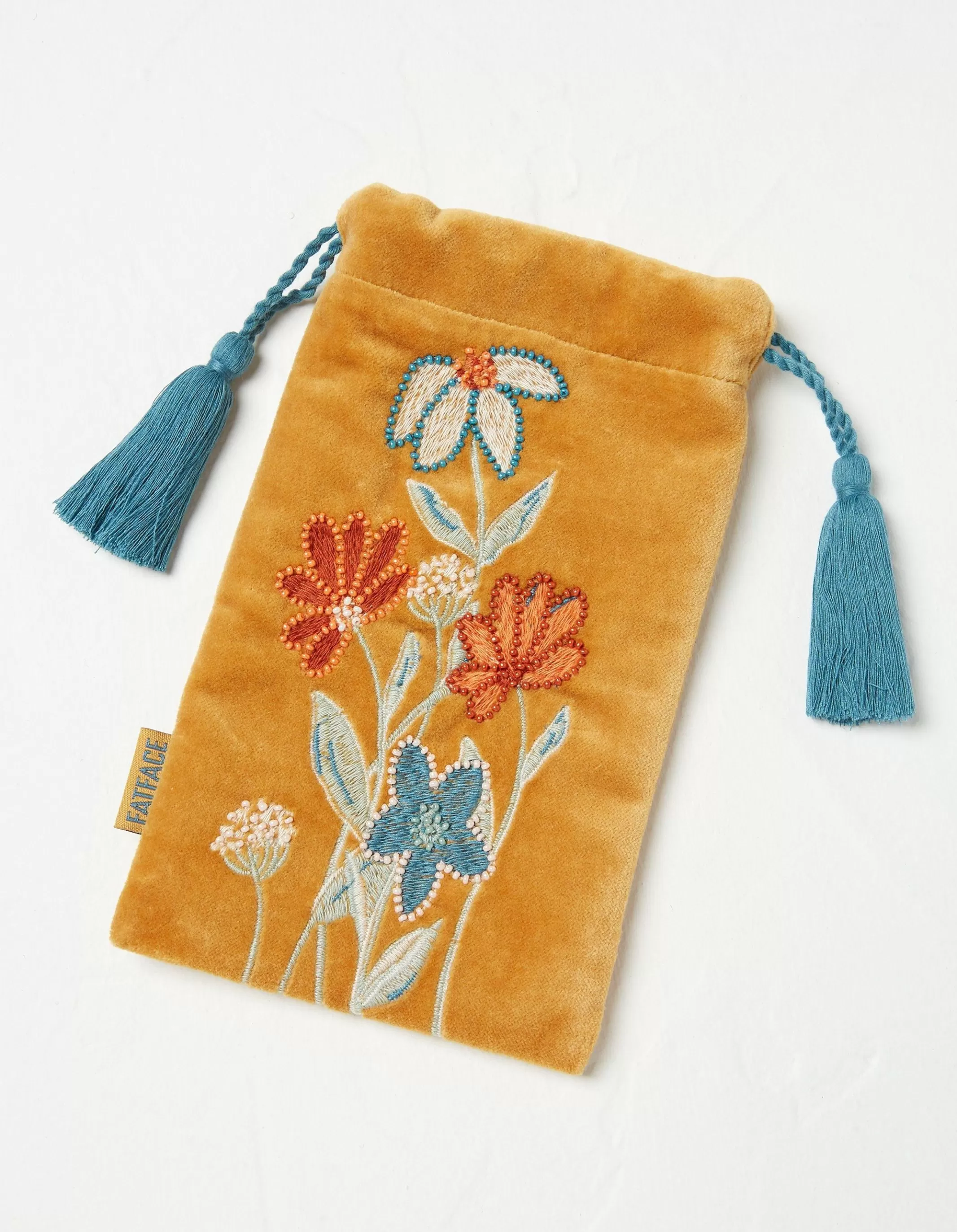 Clearance FatFace Embroidered Floral Sunglasses Case Mustard Yellow