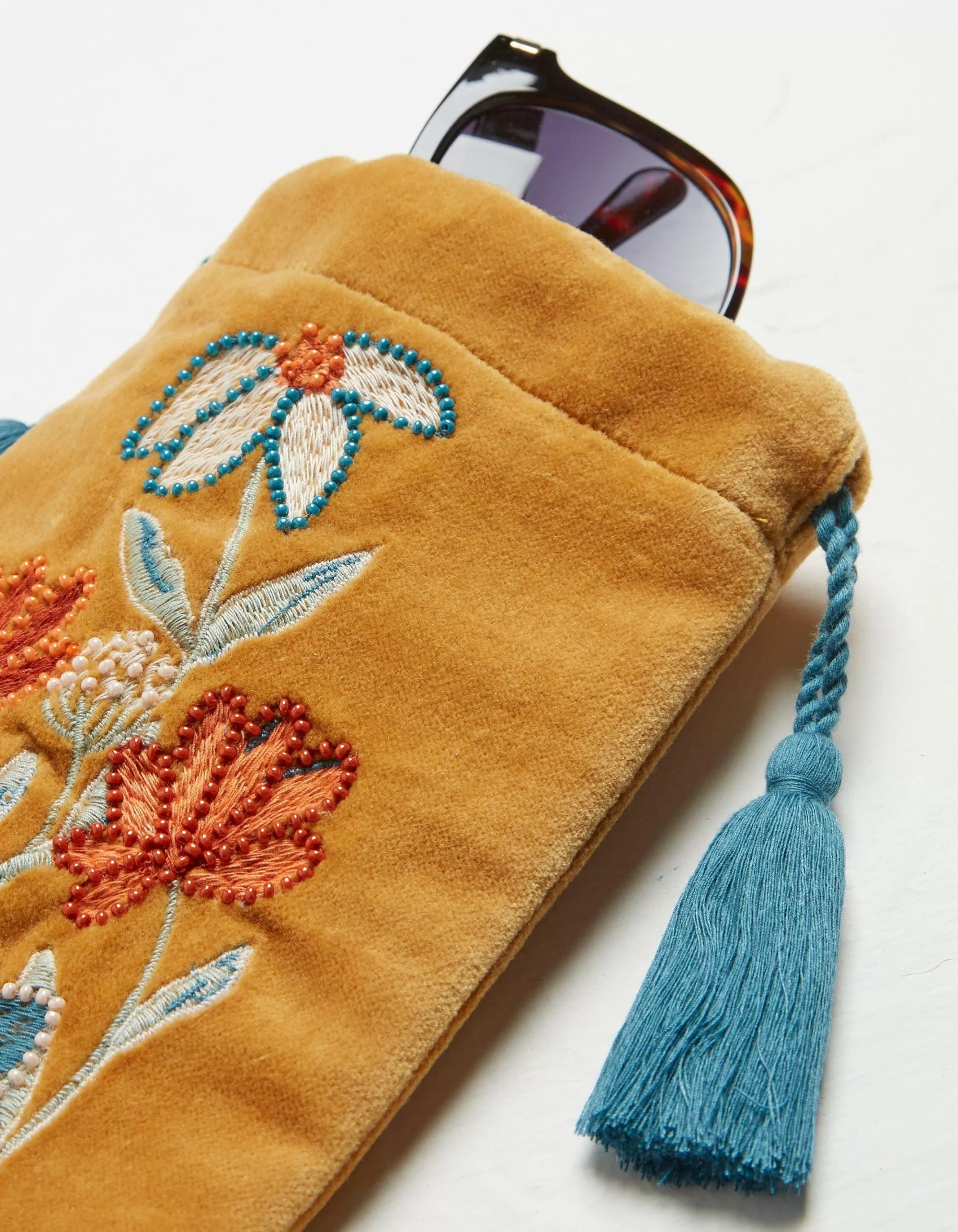 Clearance FatFace Embroidered Floral Sunglasses Case Mustard Yellow