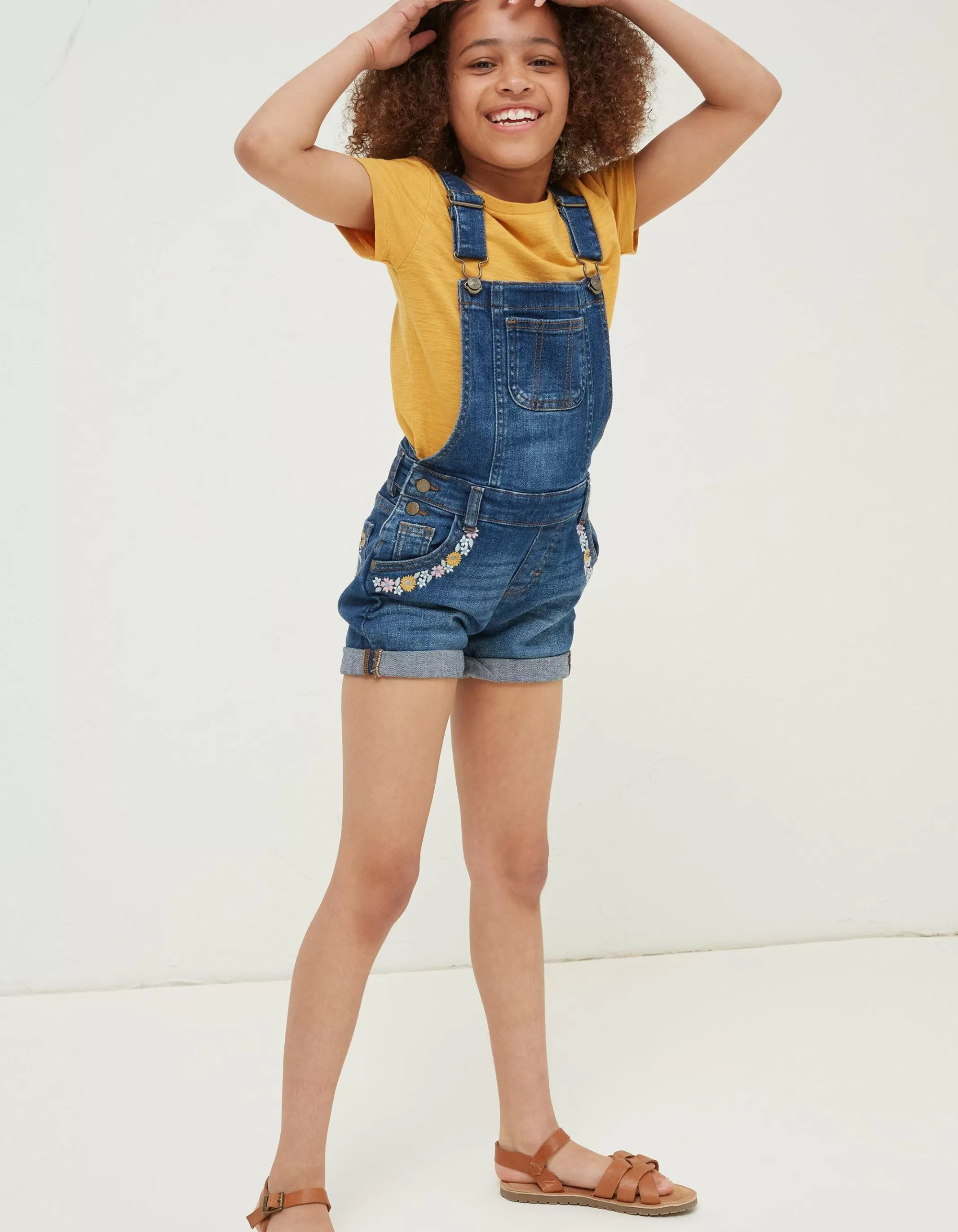 Store FatFace Embroidered Shortie Dungarees Denim Blue