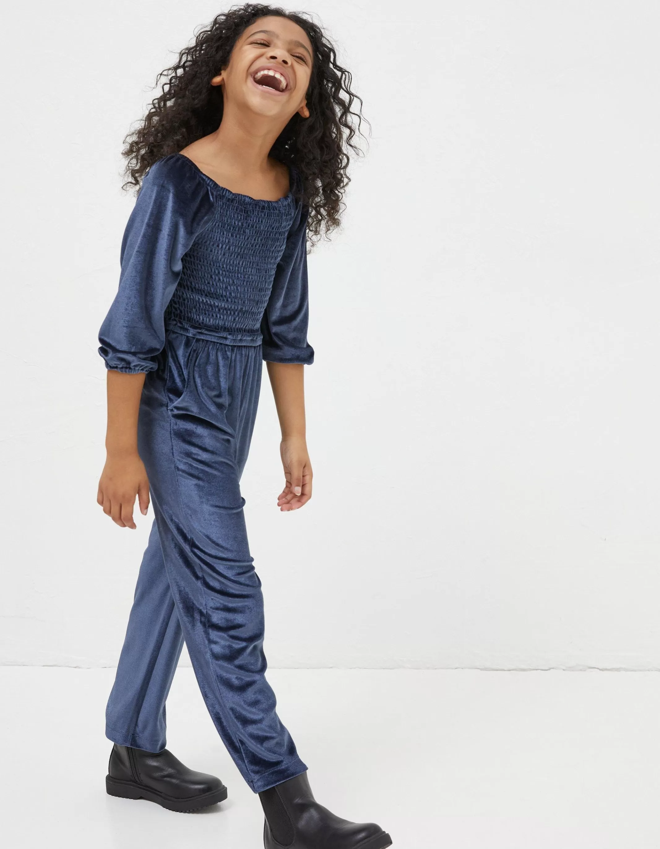 Shop FatFace Emily Velvet Jumpsuit Navy