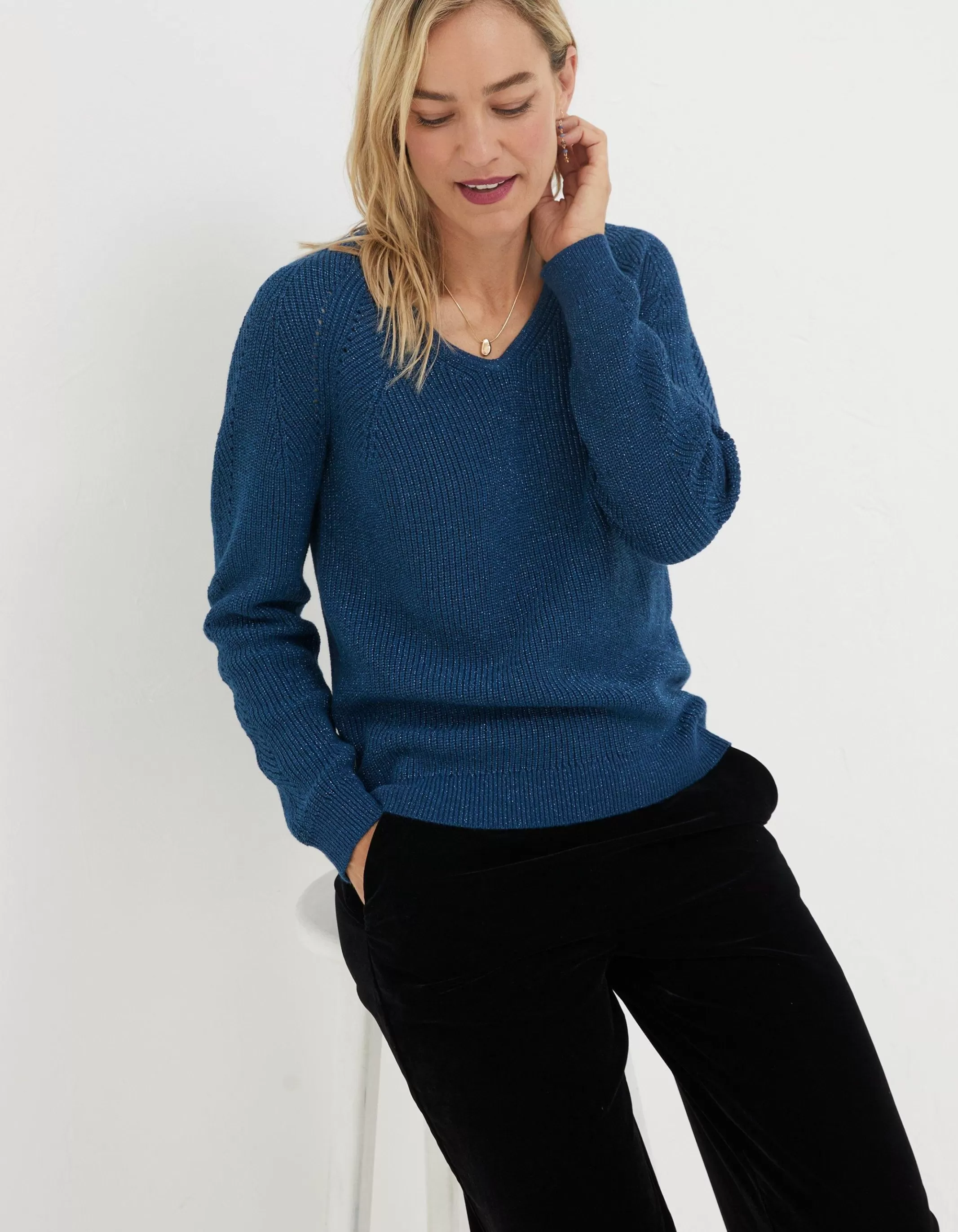 Fashion FatFace Estelle V Neck Sparkle Jumper Teal Blue