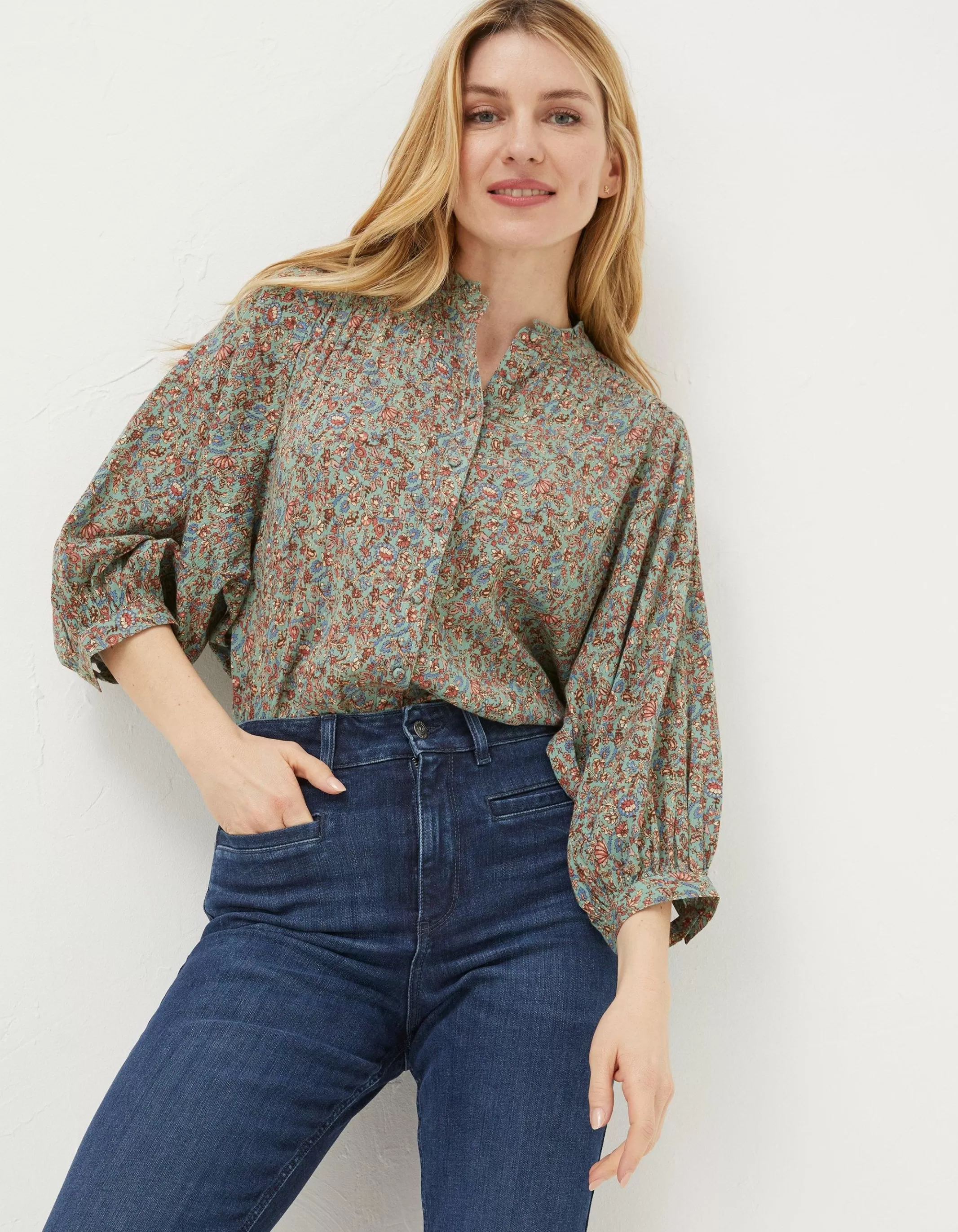 Online FatFace Evelyn Craft Floral Blouse Sage Green