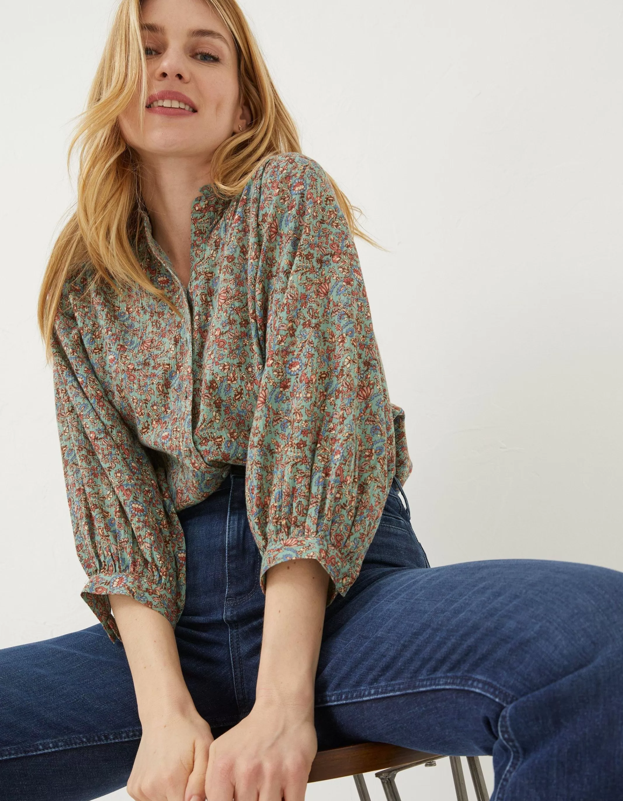 Online FatFace Evelyn Craft Floral Blouse Sage Green