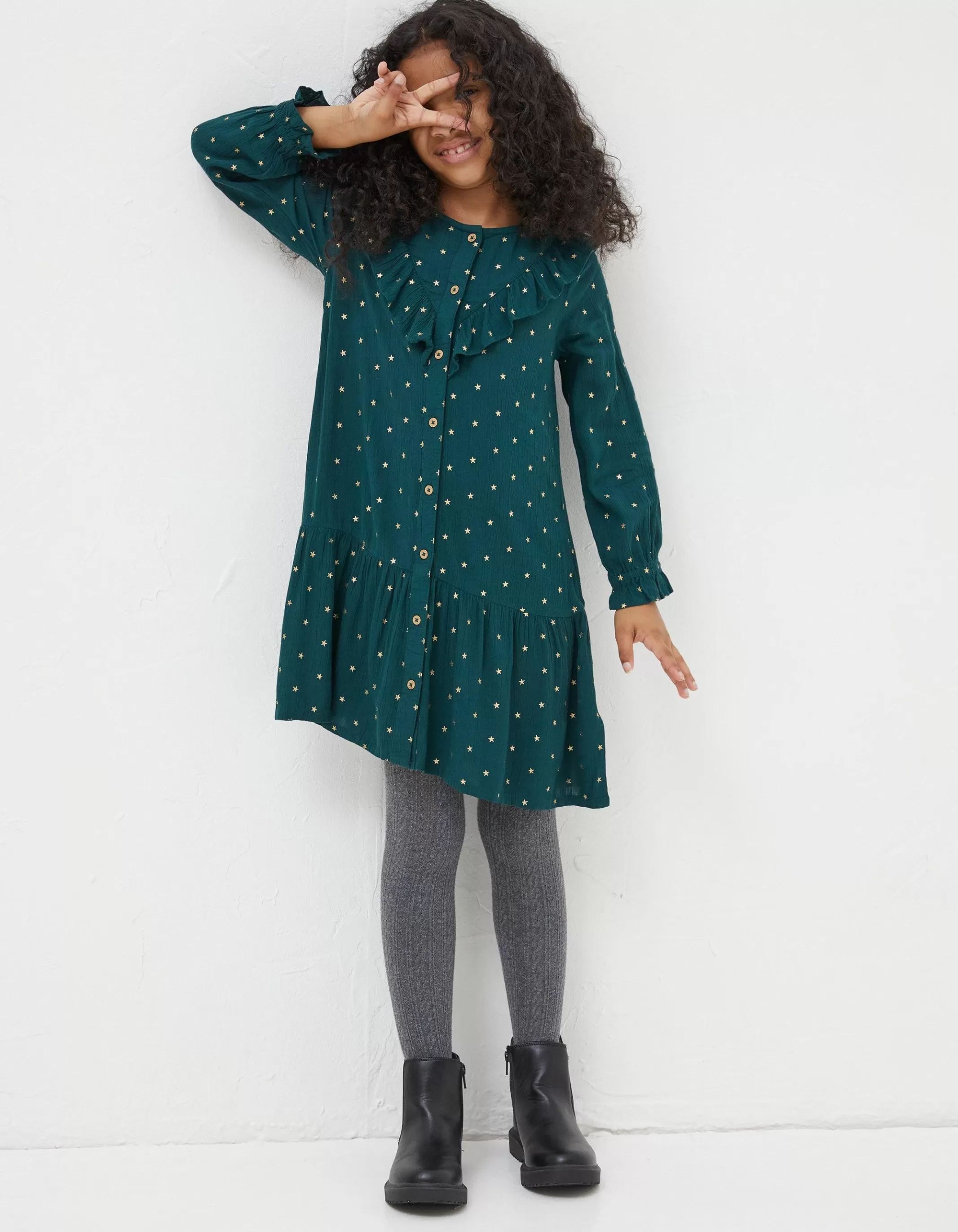 Store FatFace Evie Foil Star Dress Emerald Green
