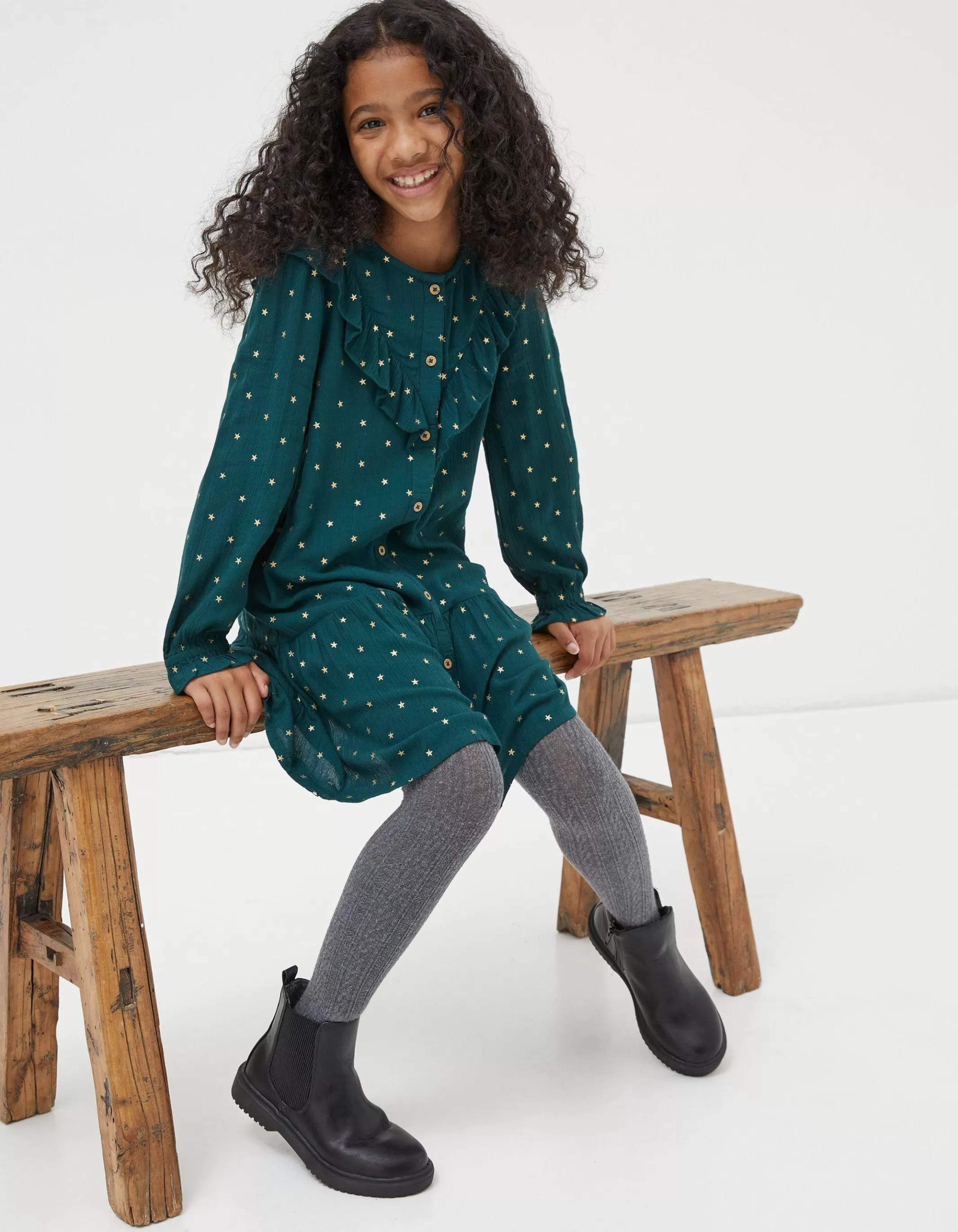 Store FatFace Evie Foil Star Dress Emerald Green