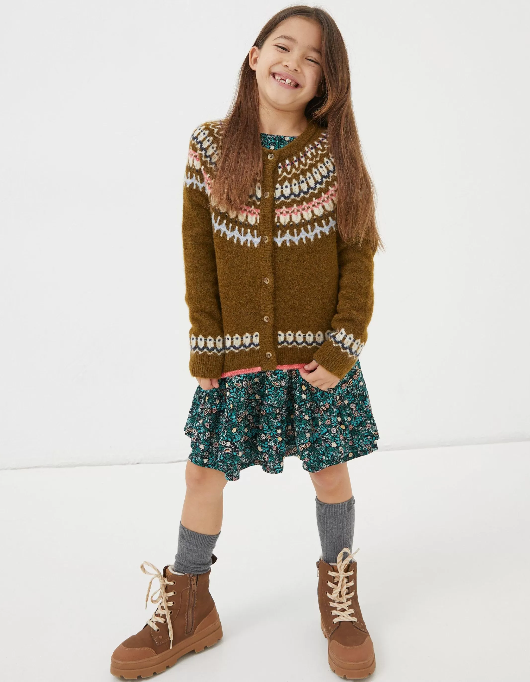 Flash Sale FatFace Fairisle Detail Cardigan Olive Green