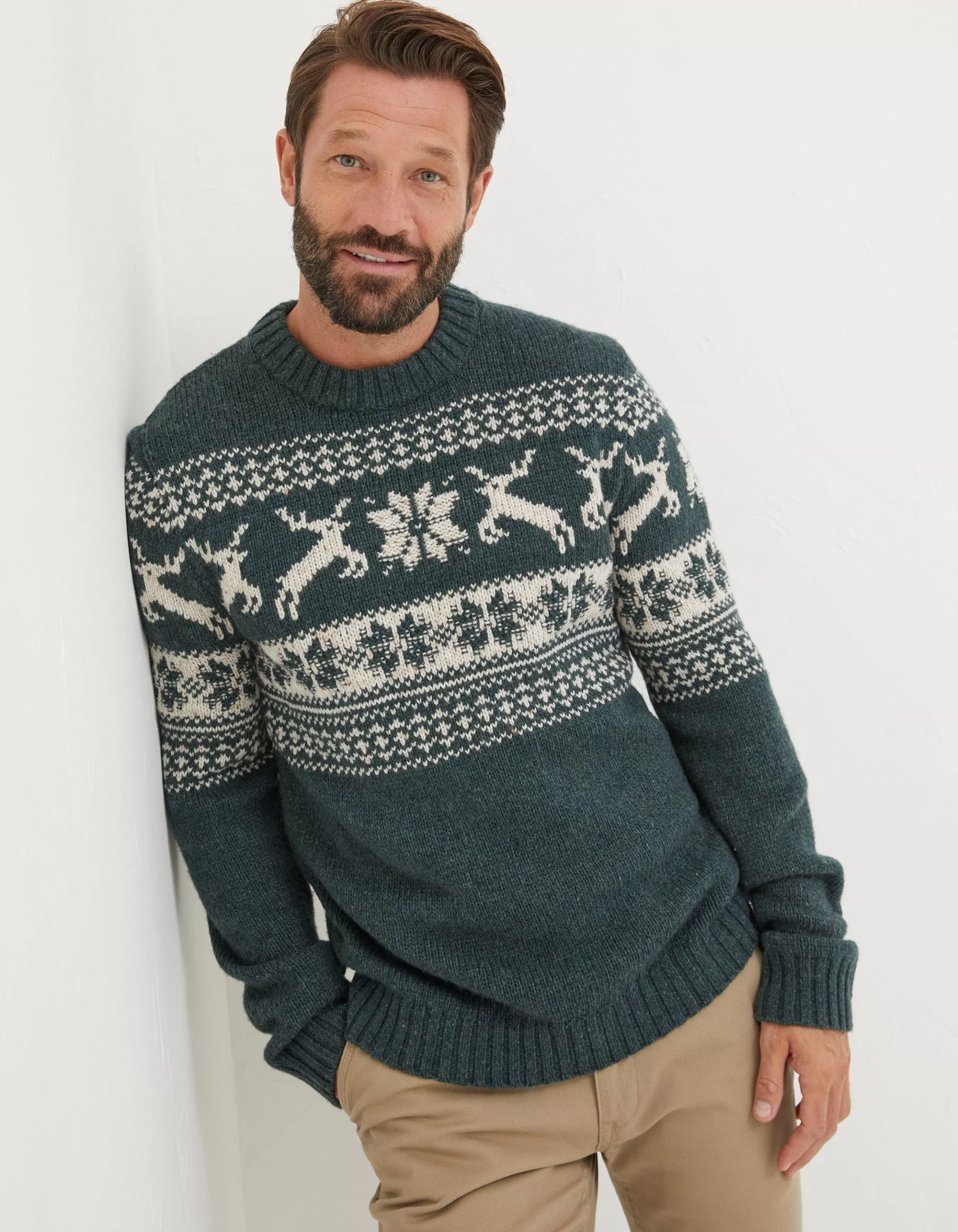 New FatFace Family Reindeer Christmas Jumper Green