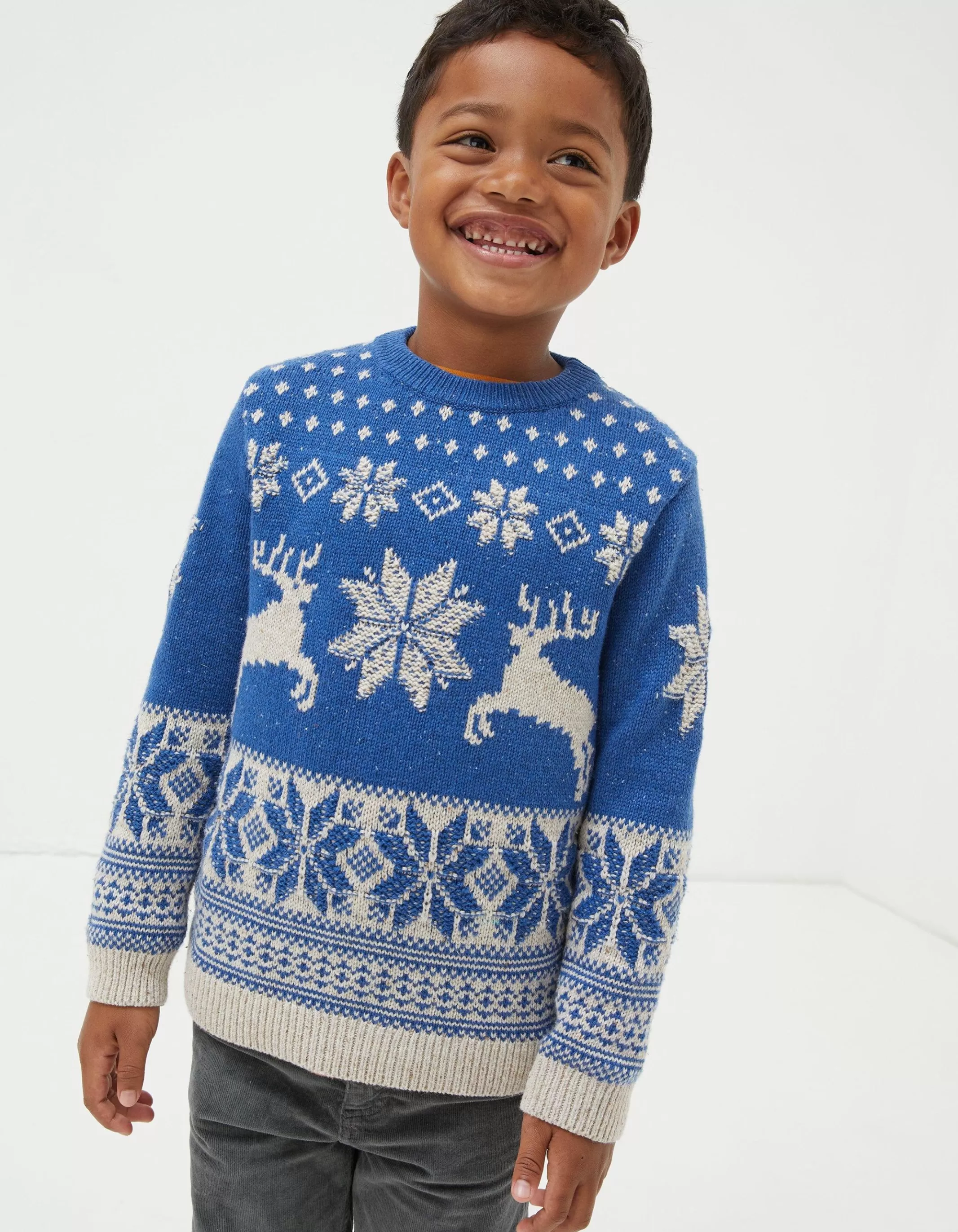 Clearance FatFace Family Reindeer Christmas Jumper Cobalt Blue