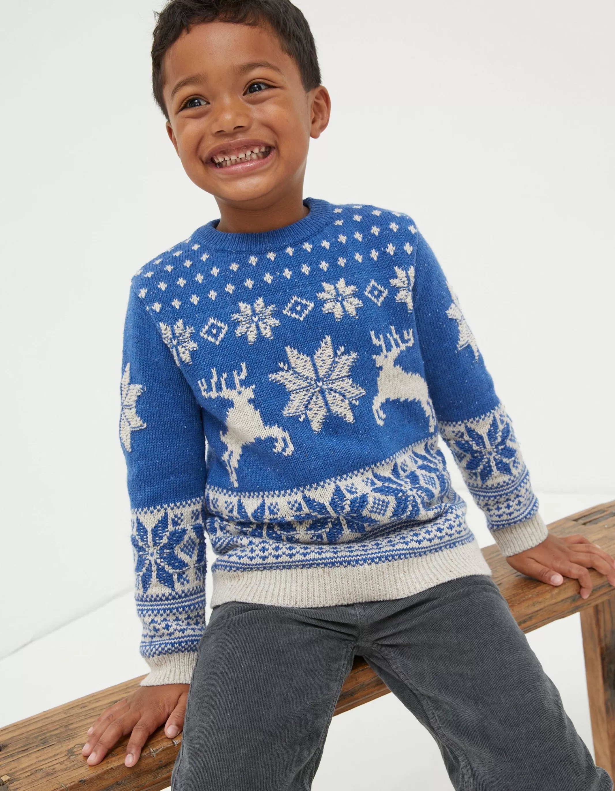 Clearance FatFace Family Reindeer Christmas Jumper Cobalt Blue