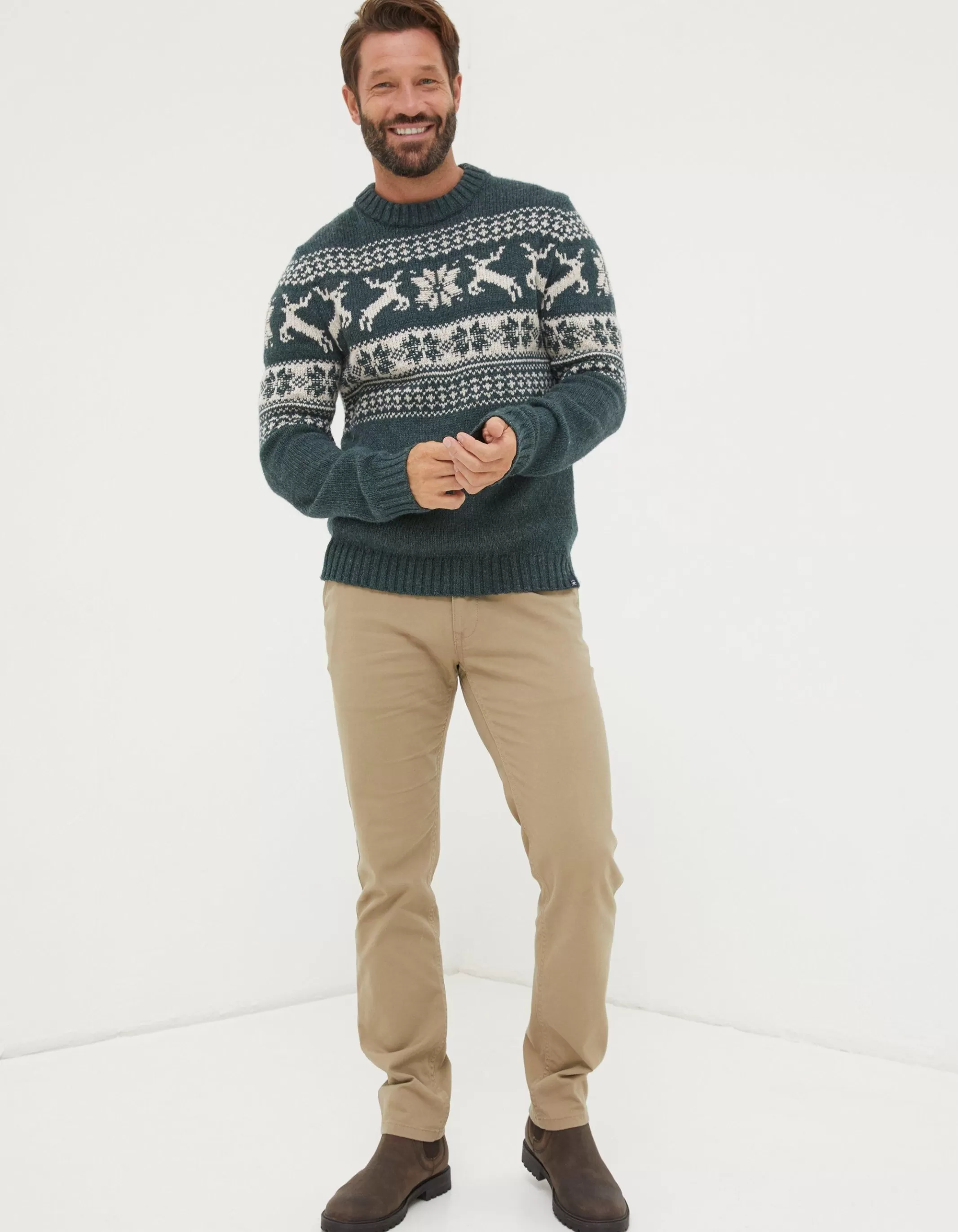 New FatFace Family Reindeer Christmas Jumper Green