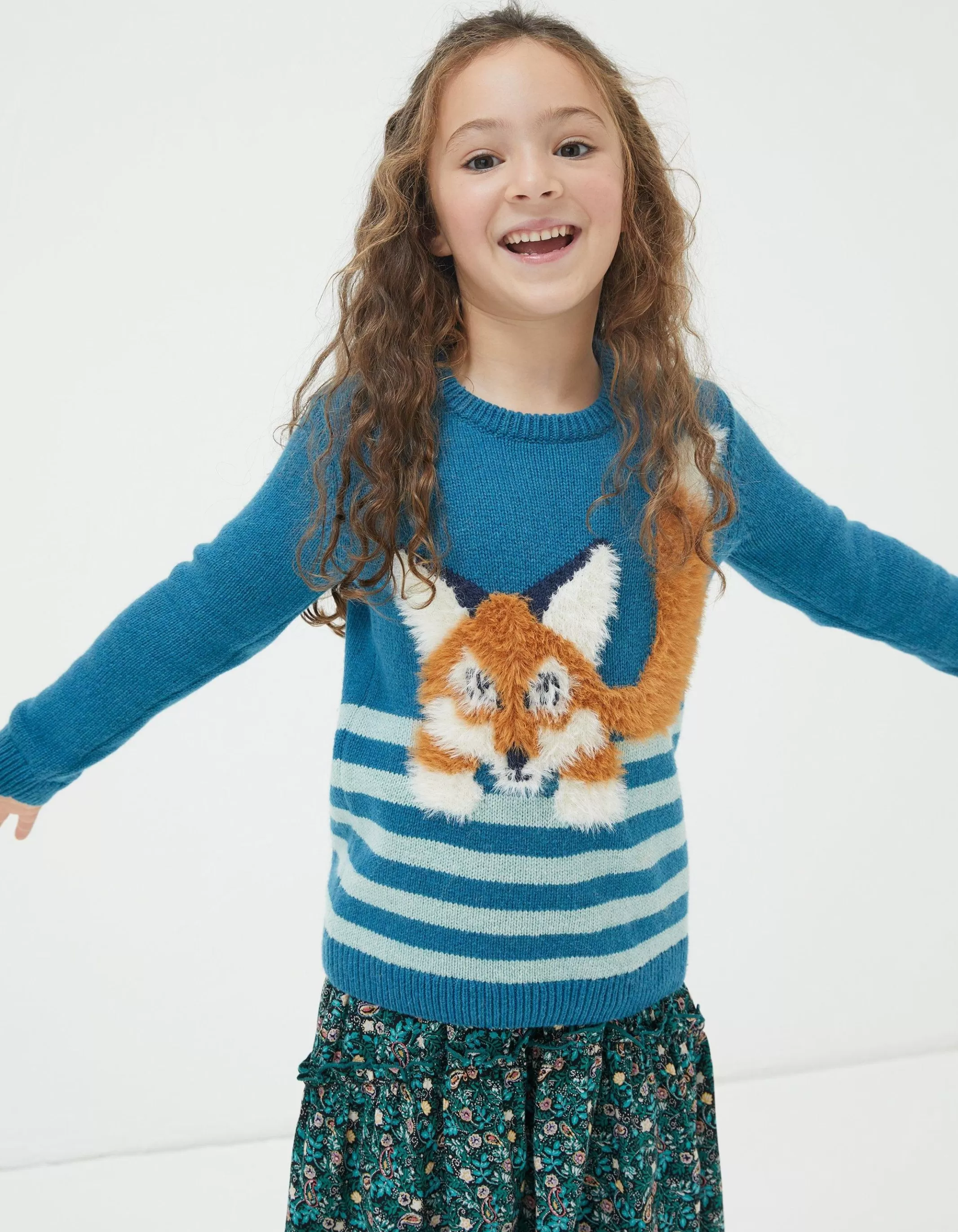 Hot FatFace Felicity Fox Knitted Jumper Teal Green