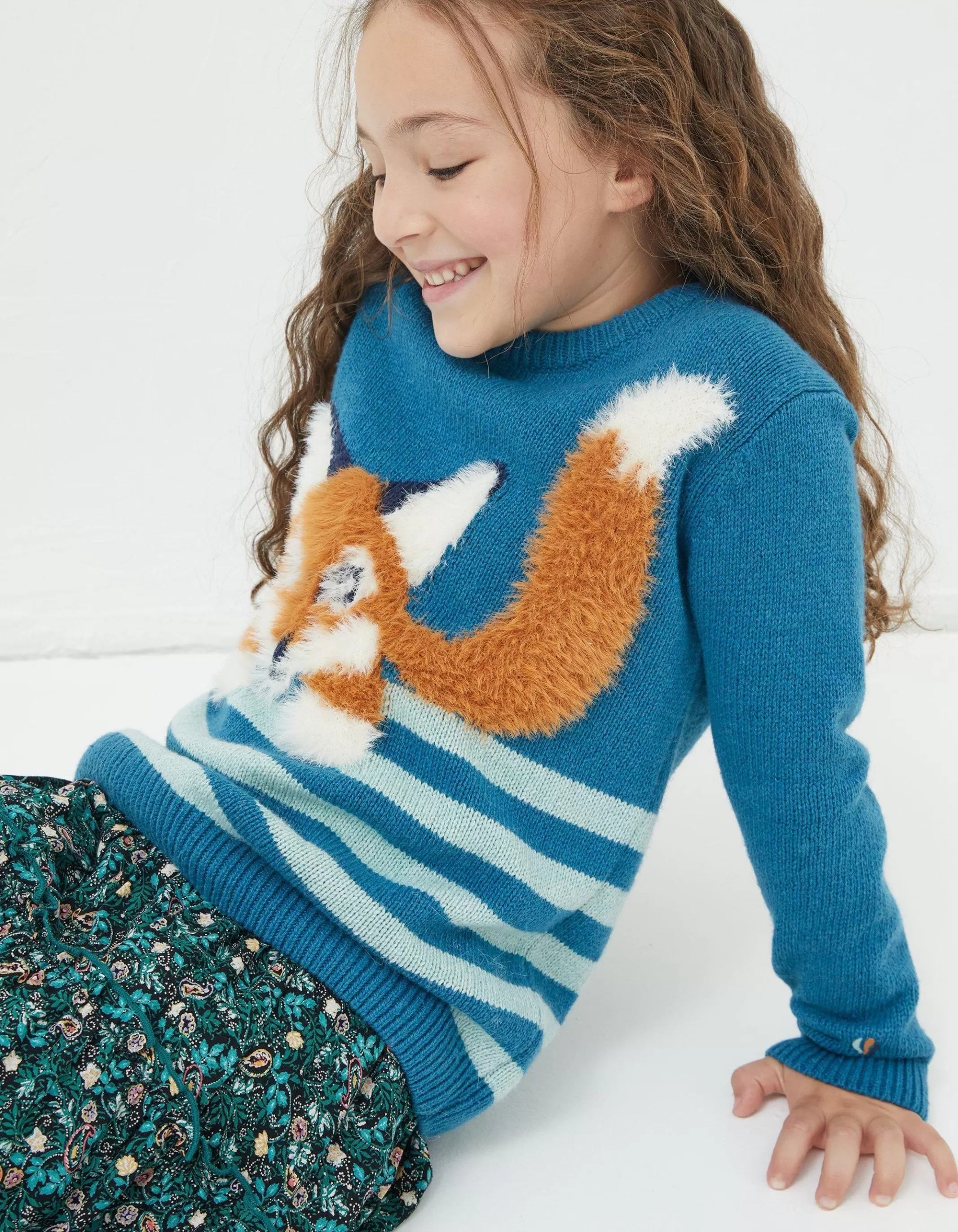 Hot FatFace Felicity Fox Knitted Jumper Teal Green