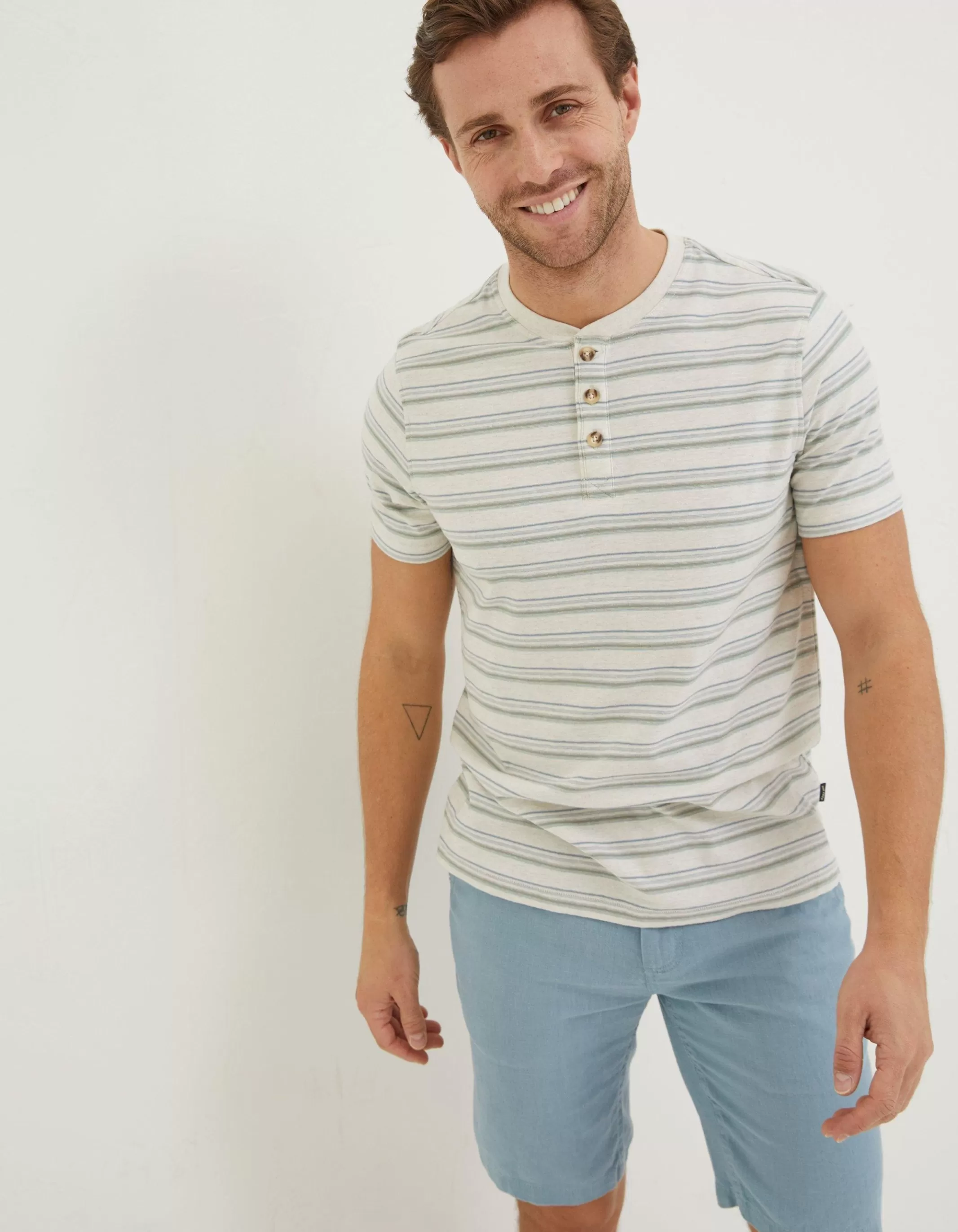 Hot FatFace Fine Stripe Henley T-Shirt Off White