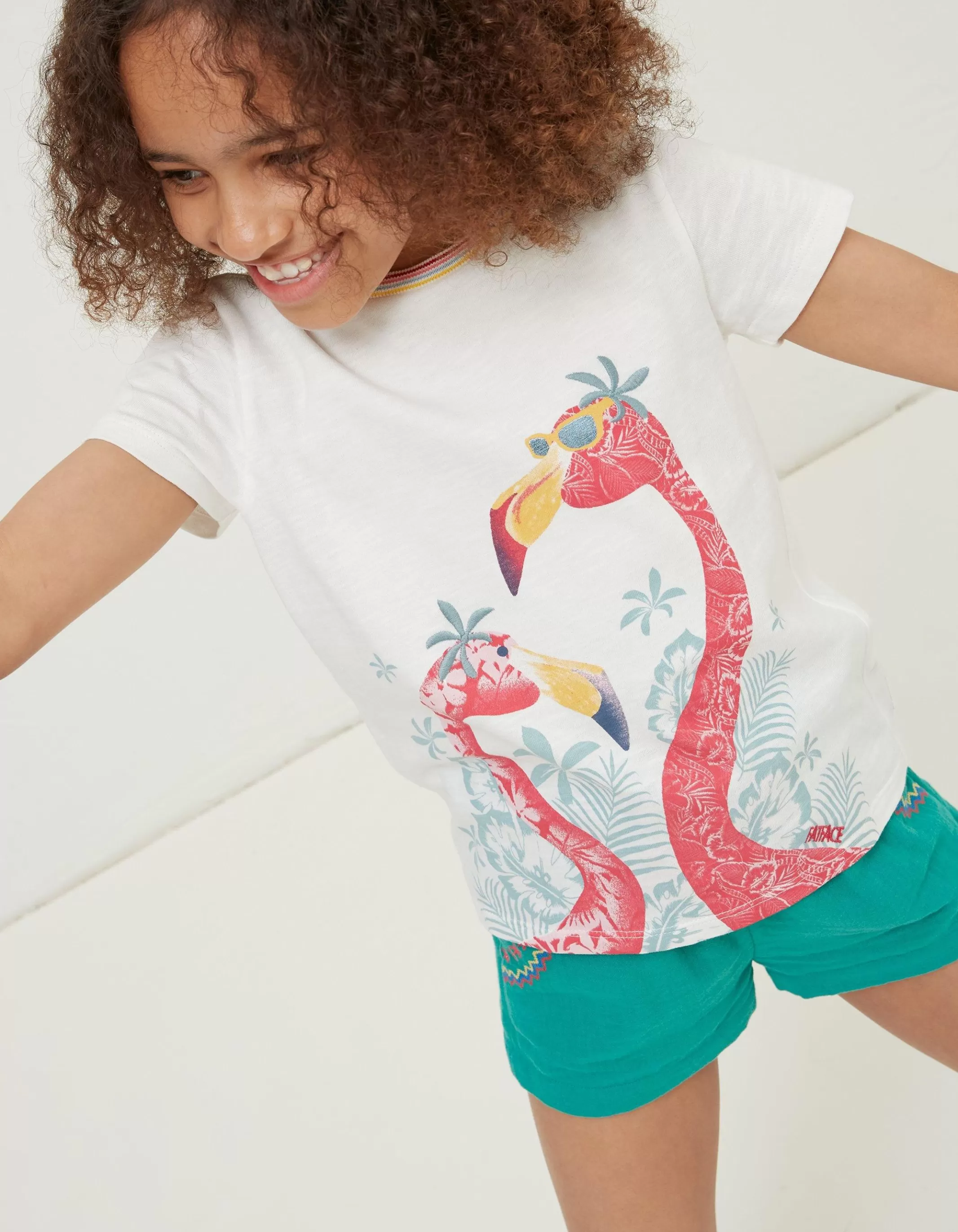 New FatFace Flamingo Graphic T Shirt Off White