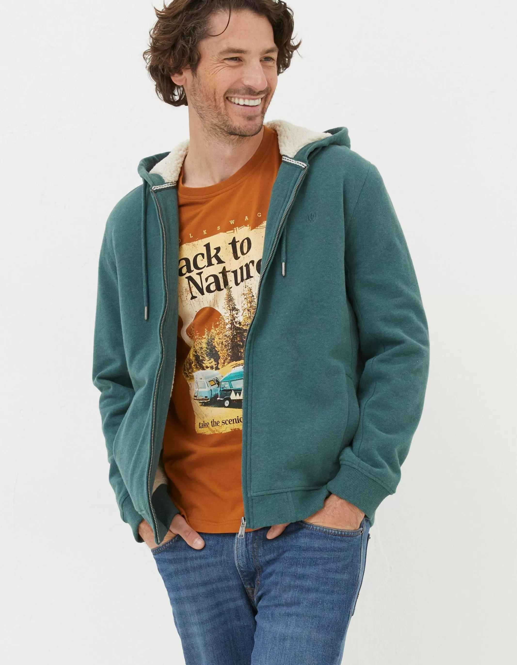 Sale FatFace Fleece Lined Hoodie Jade Green