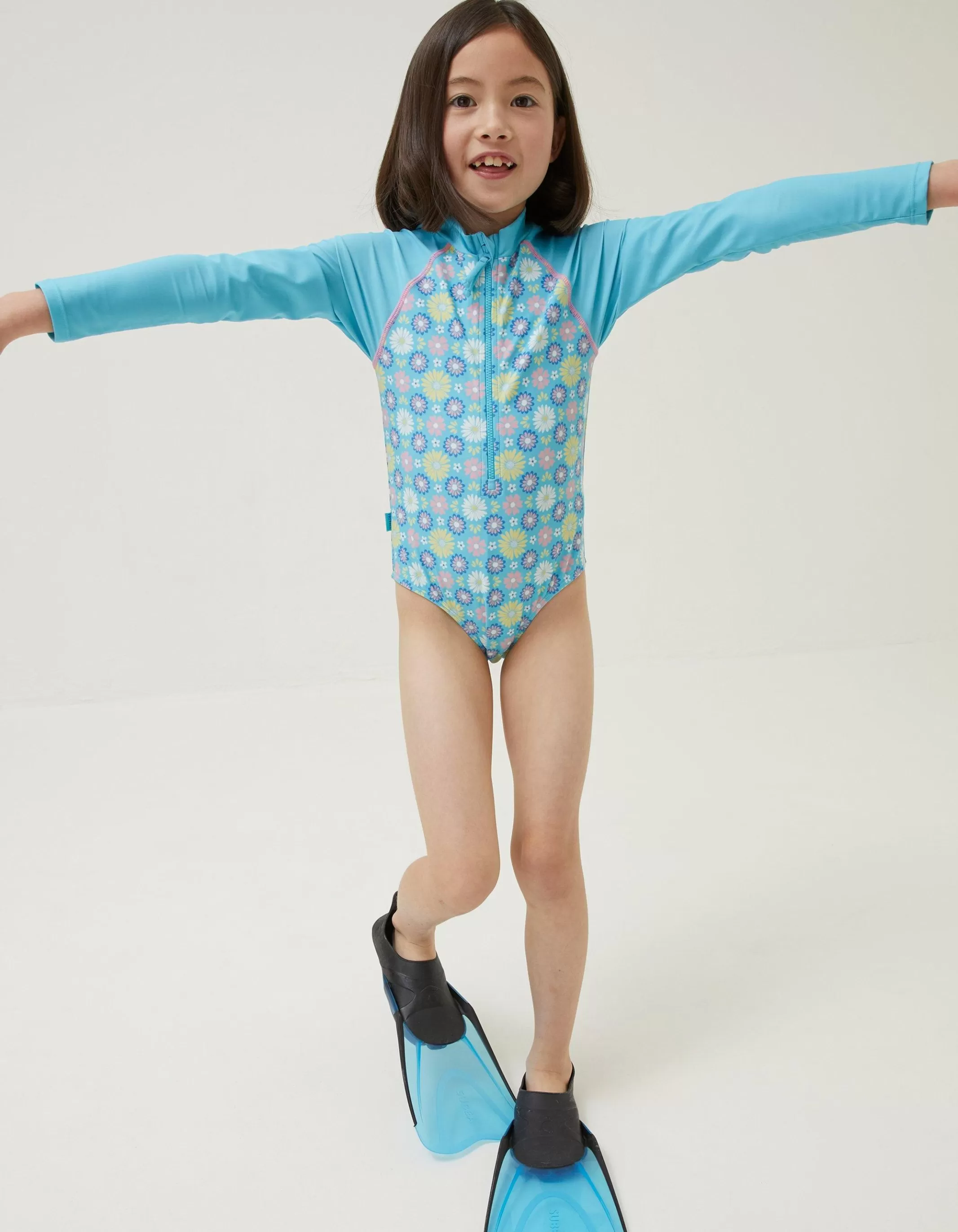 Shop FatFace Floral Long Sleeve Swimsuit Sage Green
