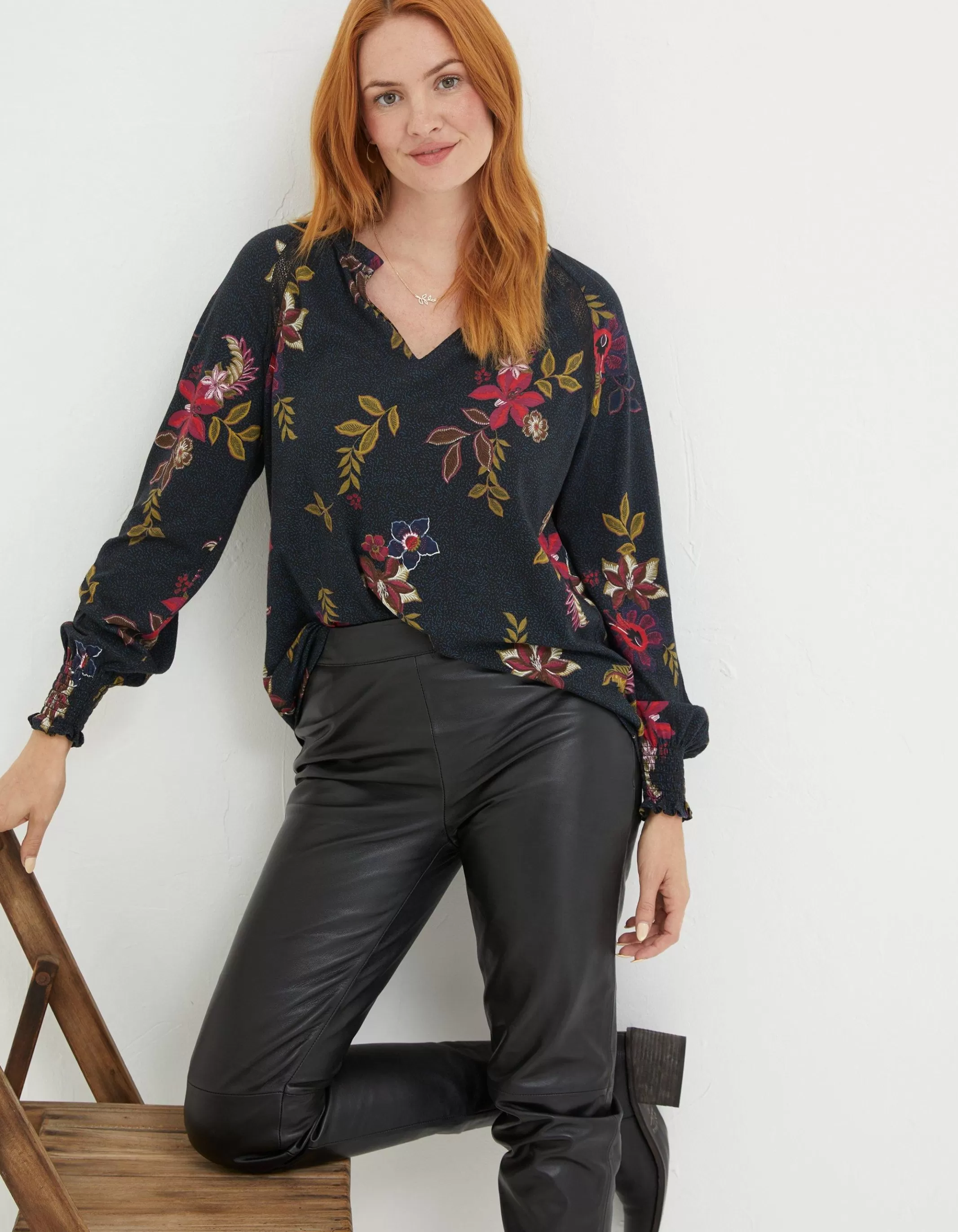 Fashion FatFace Florence Dotted Floral Top Black