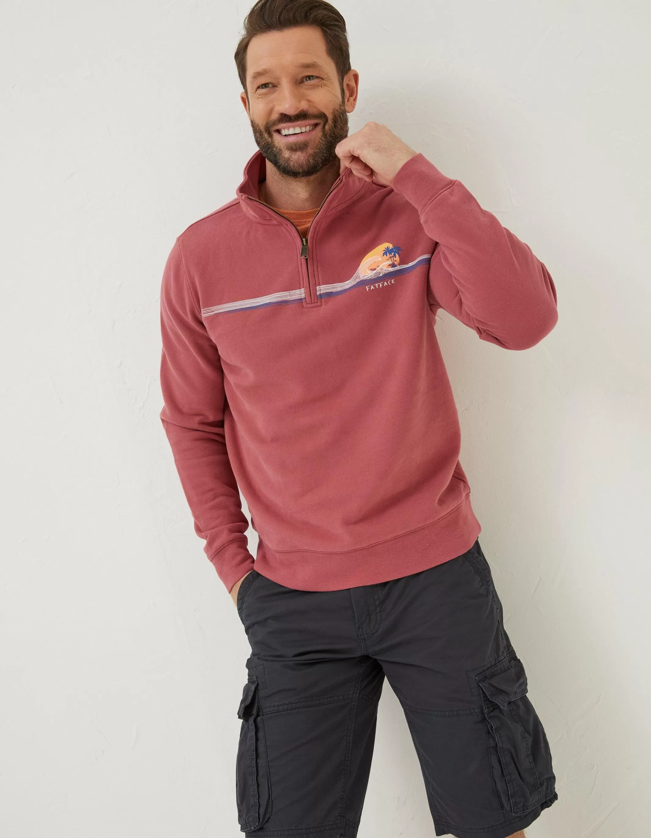 Cheap FatFace Fowey Print Zip Neck Rose Pink