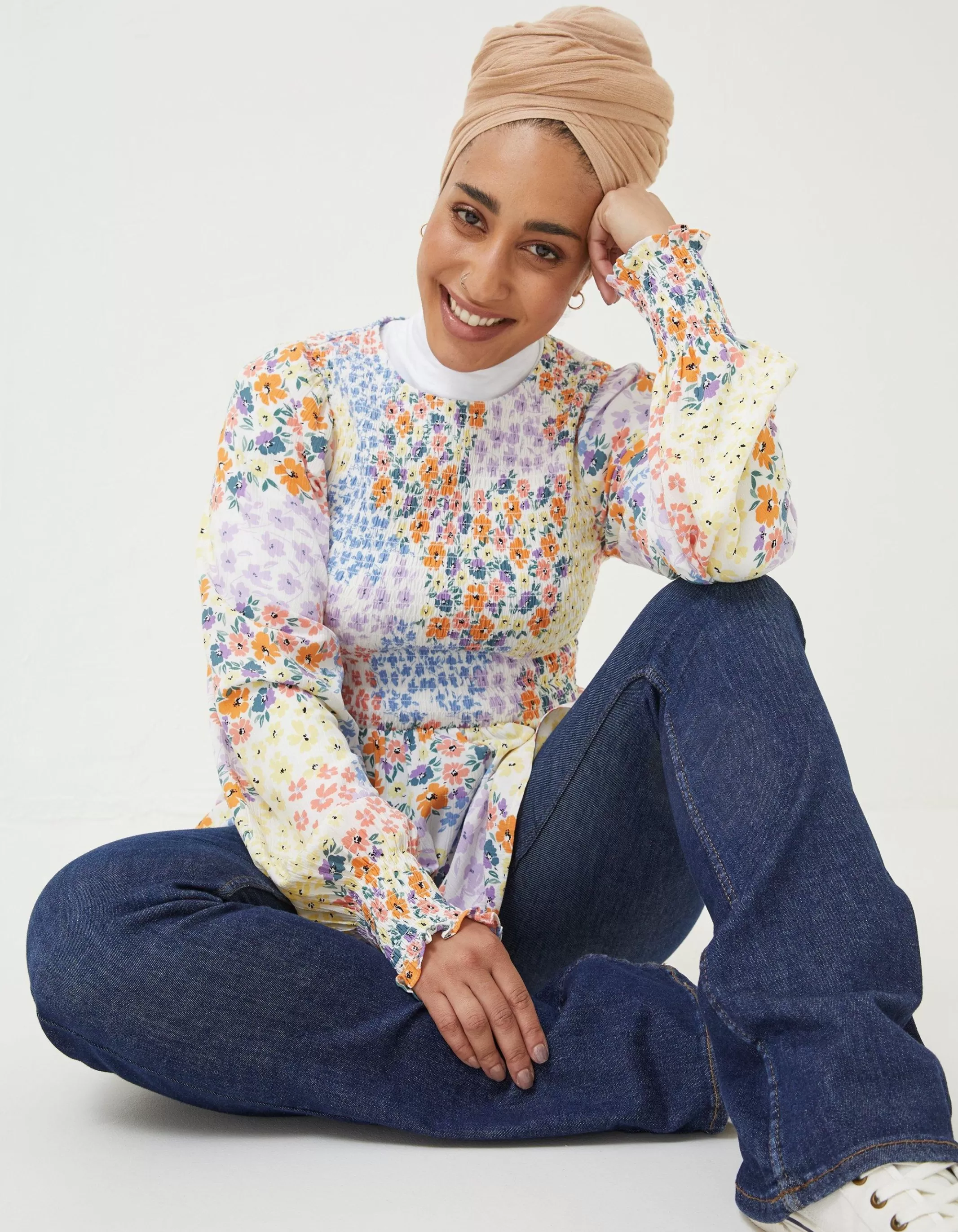 Outlet FatFace Fran Meadow Patch Shirred Top Ivory