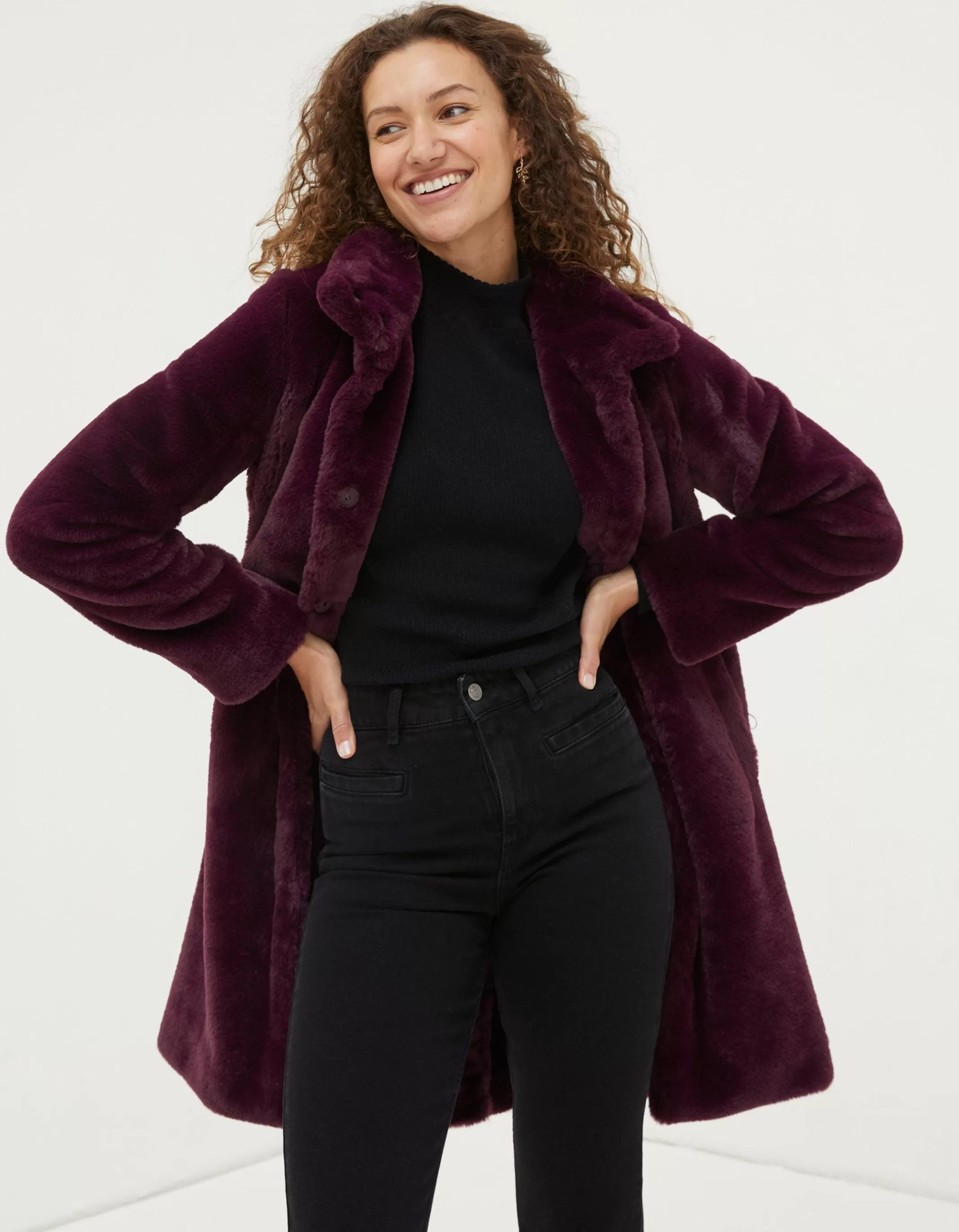 New FatFace Freya Faux Fur Long Coat Purple