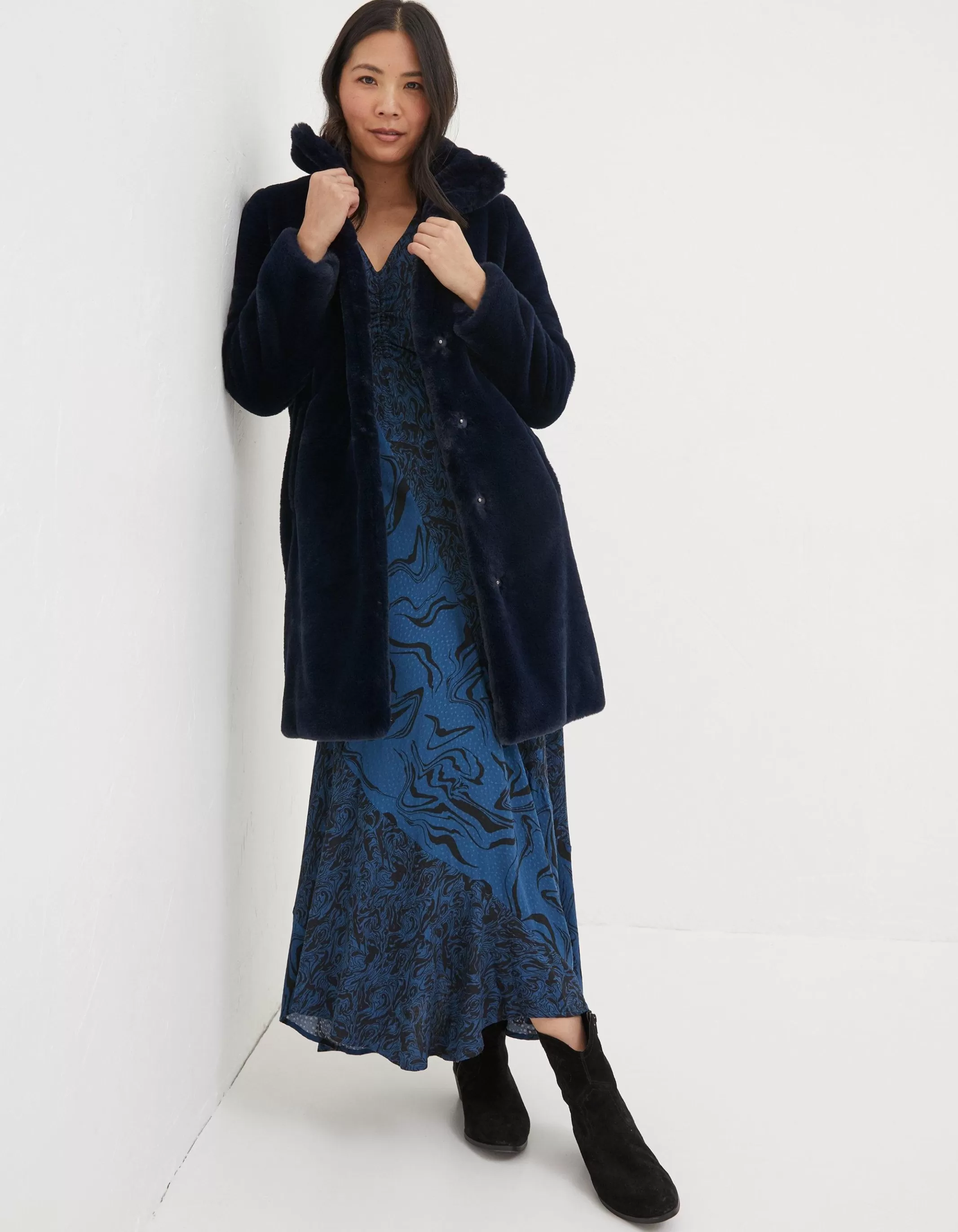 Hot FatFace Freya Faux Fur Long Coat Navy