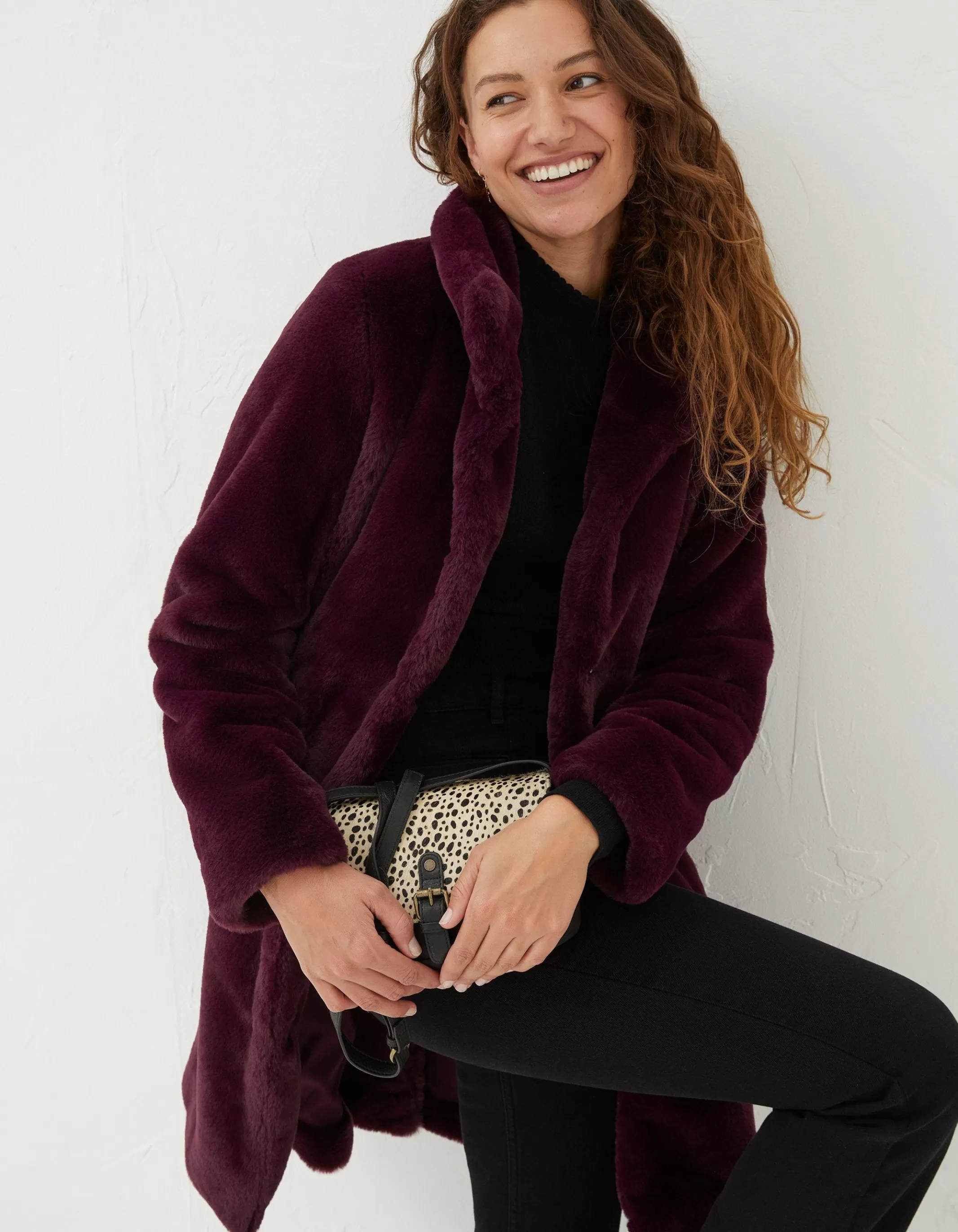 New FatFace Freya Faux Fur Long Coat Purple