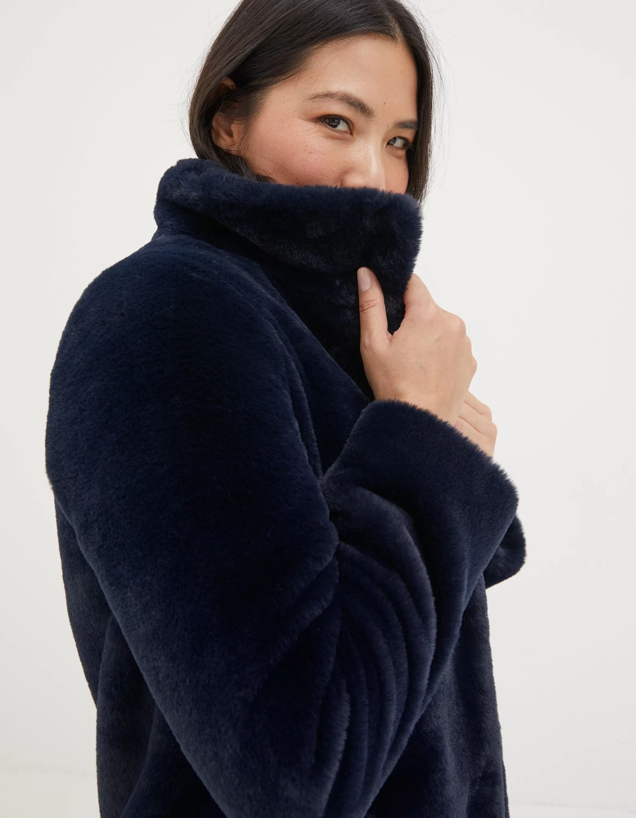 Hot FatFace Freya Faux Fur Long Coat Navy