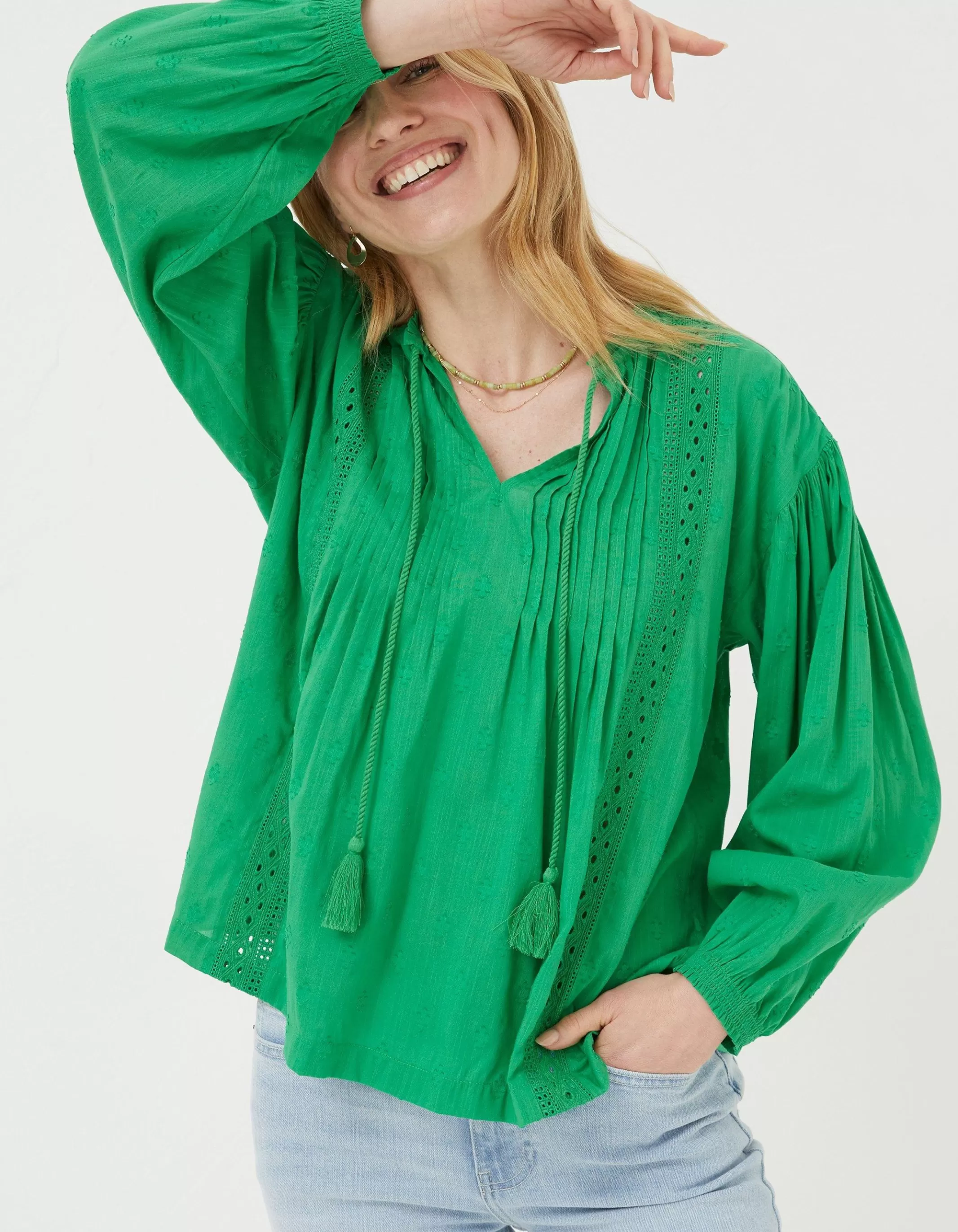 Flash Sale FatFace Freya Green Lace Blouse Bright Green
