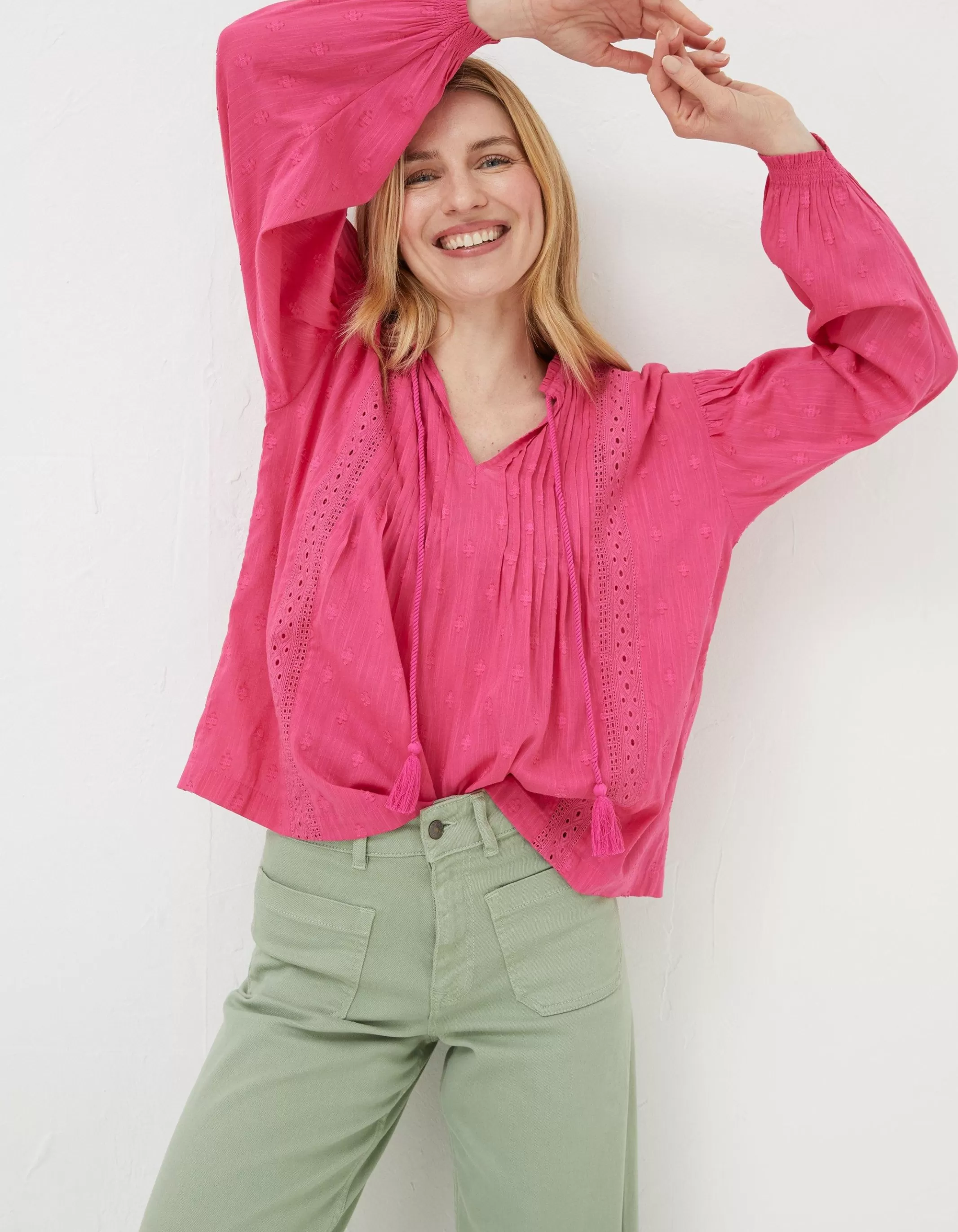 Flash Sale FatFace Freya Pink Lace Blouse Bright Pink
