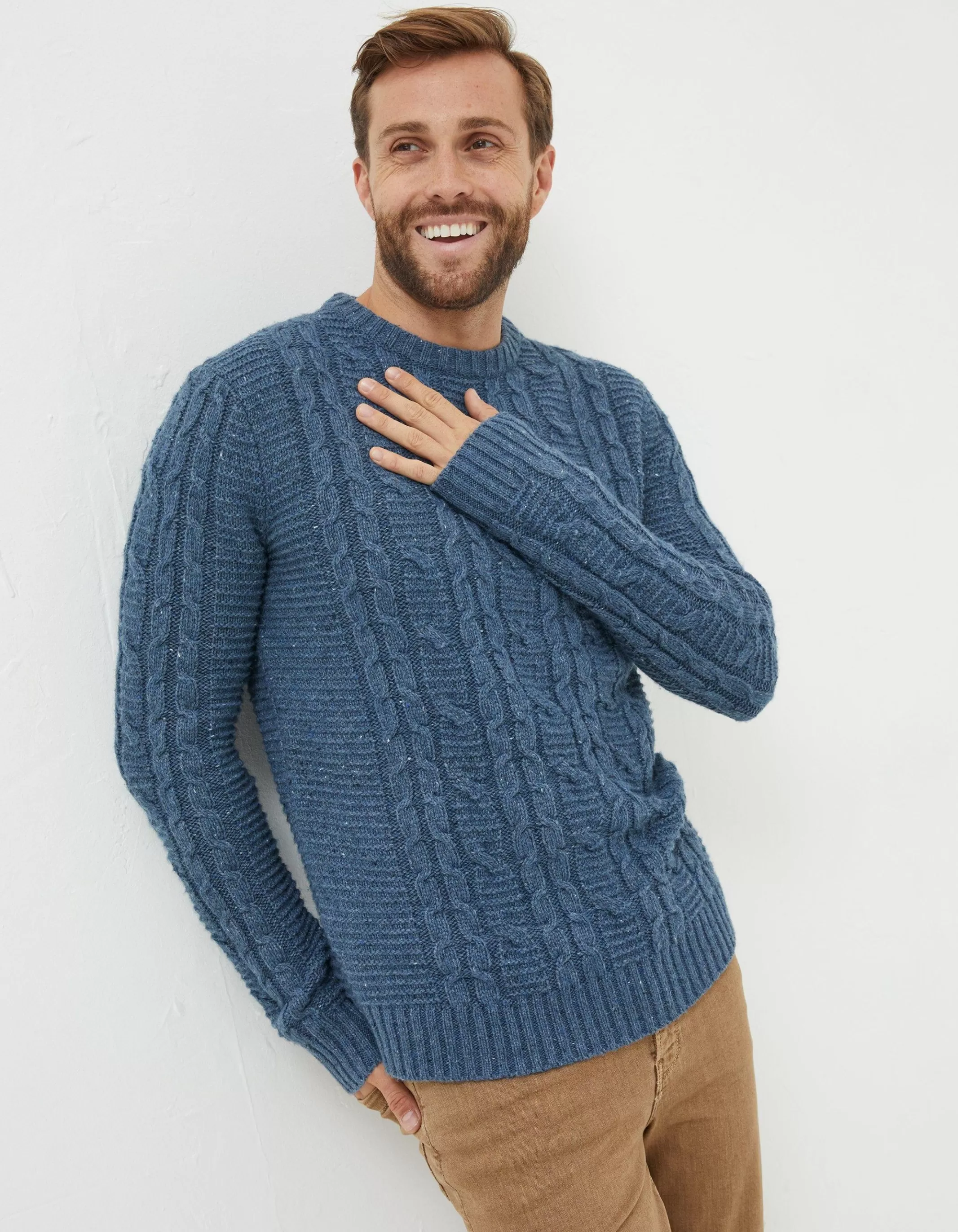 Hot FatFace Funtley Cable Crew Jumper Dusky Blue