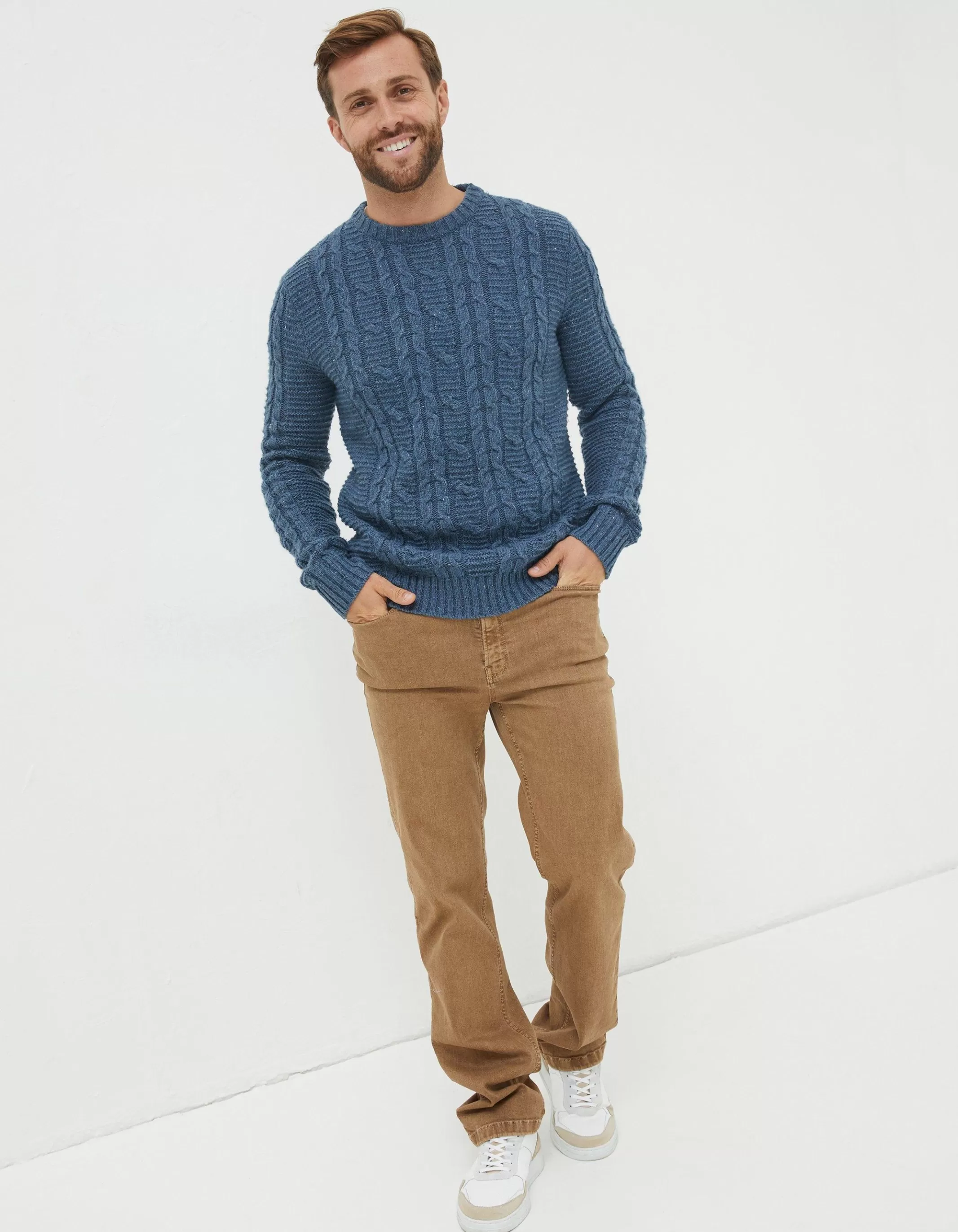 Hot FatFace Funtley Cable Crew Jumper Dusky Blue