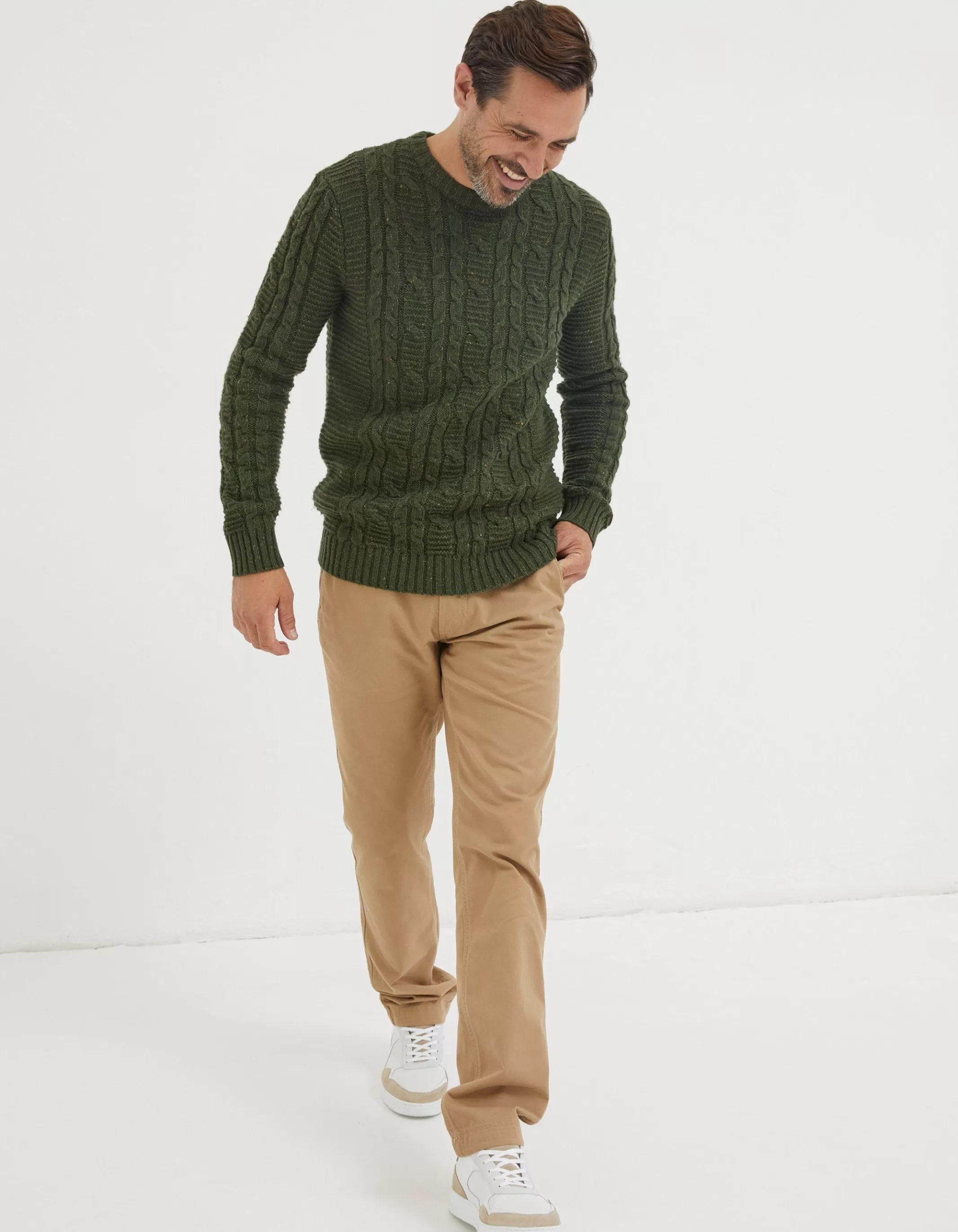 Cheap FatFace Funtley Cable Crew Jumper Khaki Green