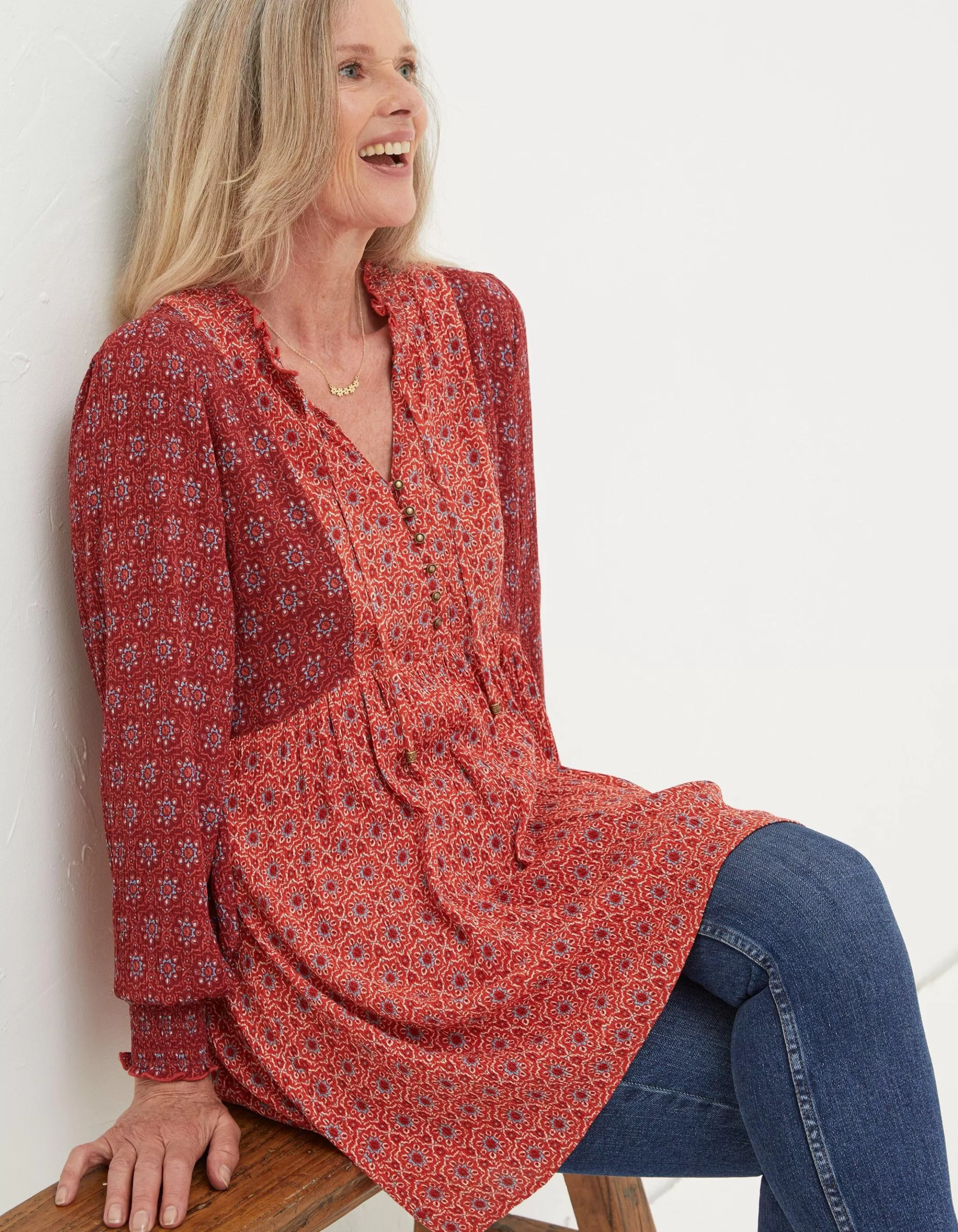 Hot FatFace Gerry Craft Geo Tunic Raspberry Red