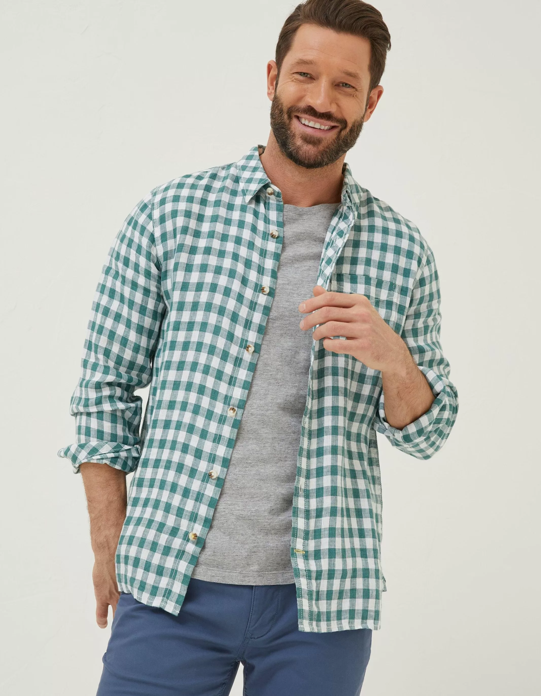 Cheap FatFace Gingham Linen Shirt Teal Green