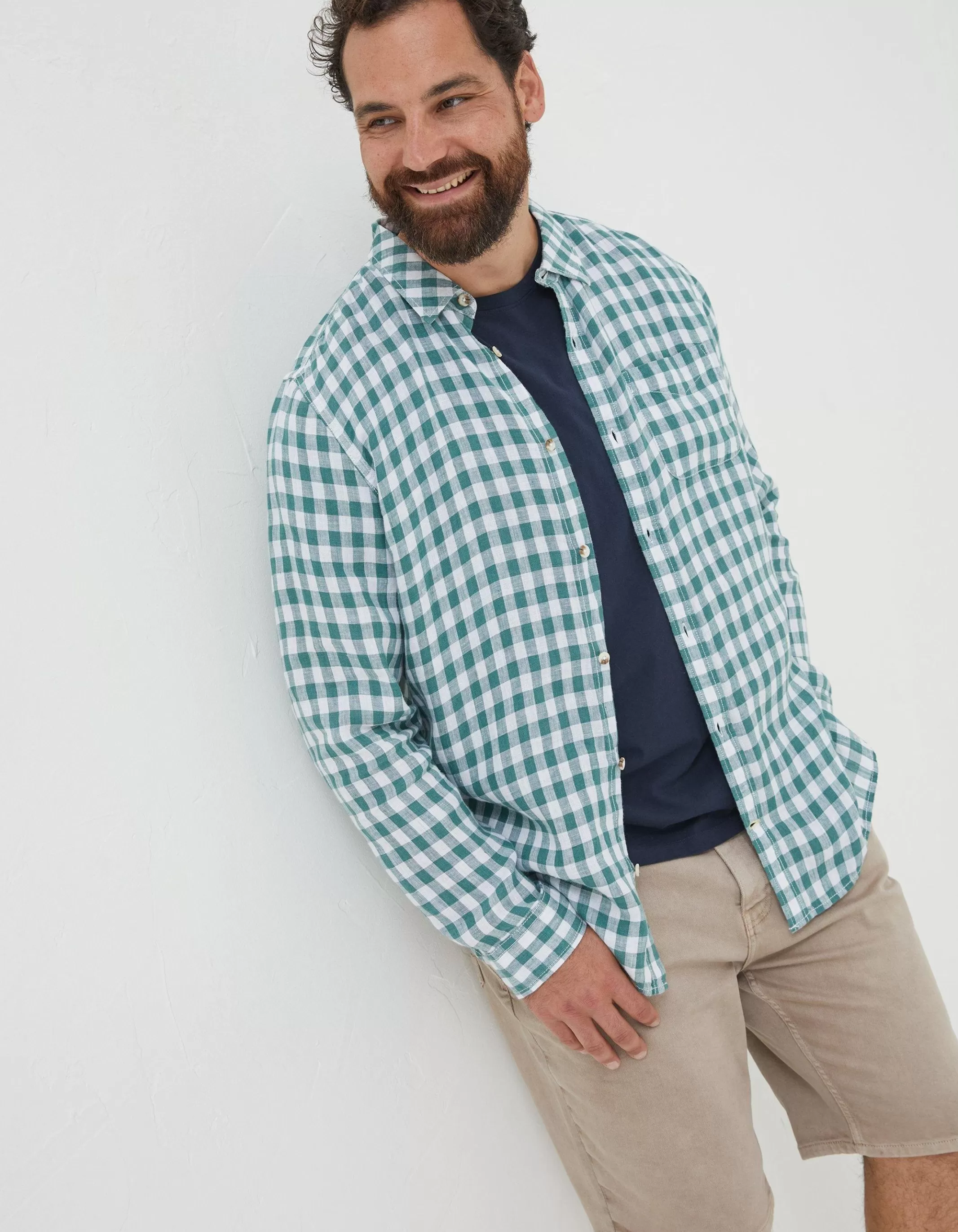 Cheap FatFace Gingham Linen Shirt Teal Green