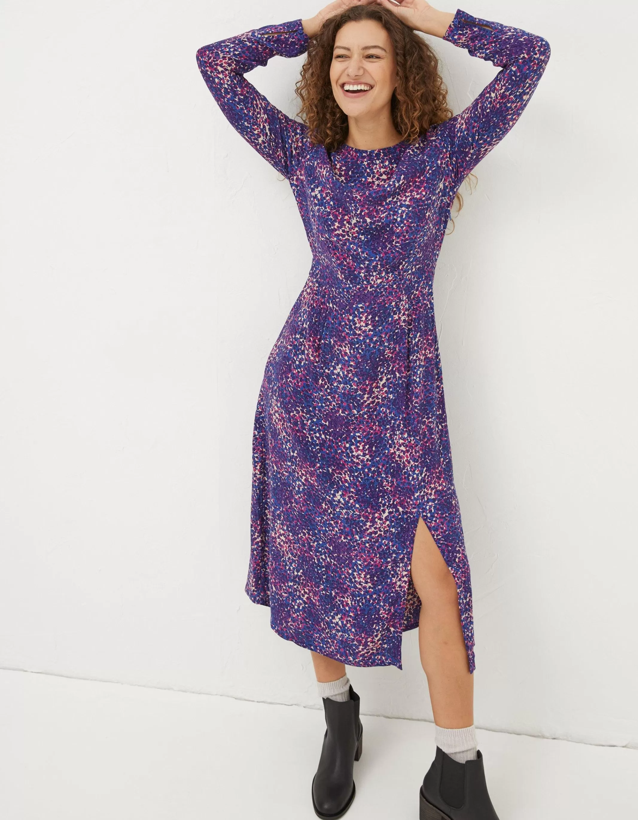 Clearance FatFace Haldon Layered Spot Midi Dress Navy