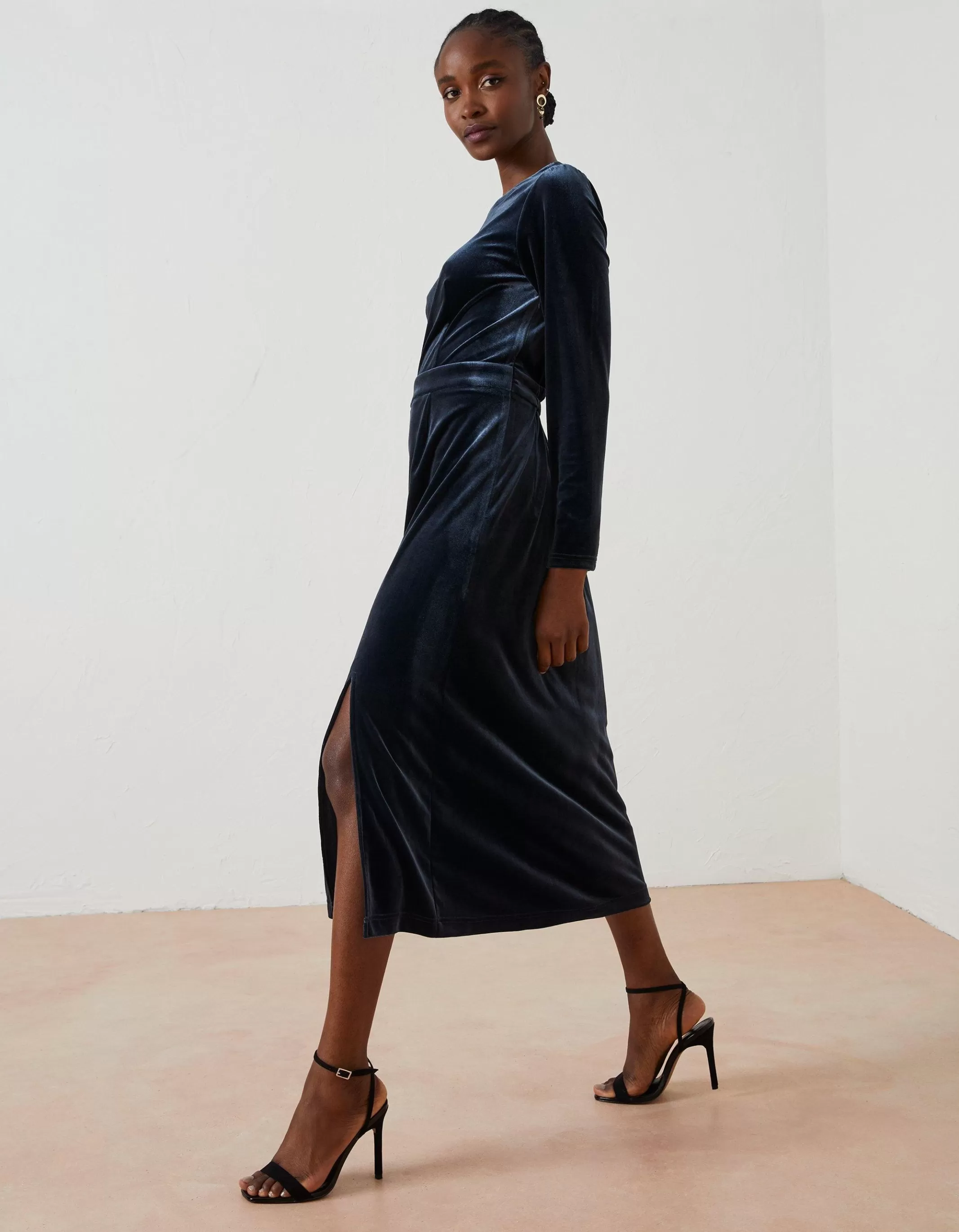 Clearance FatFace Haldon Velvet Midi Dress Dark Navy
