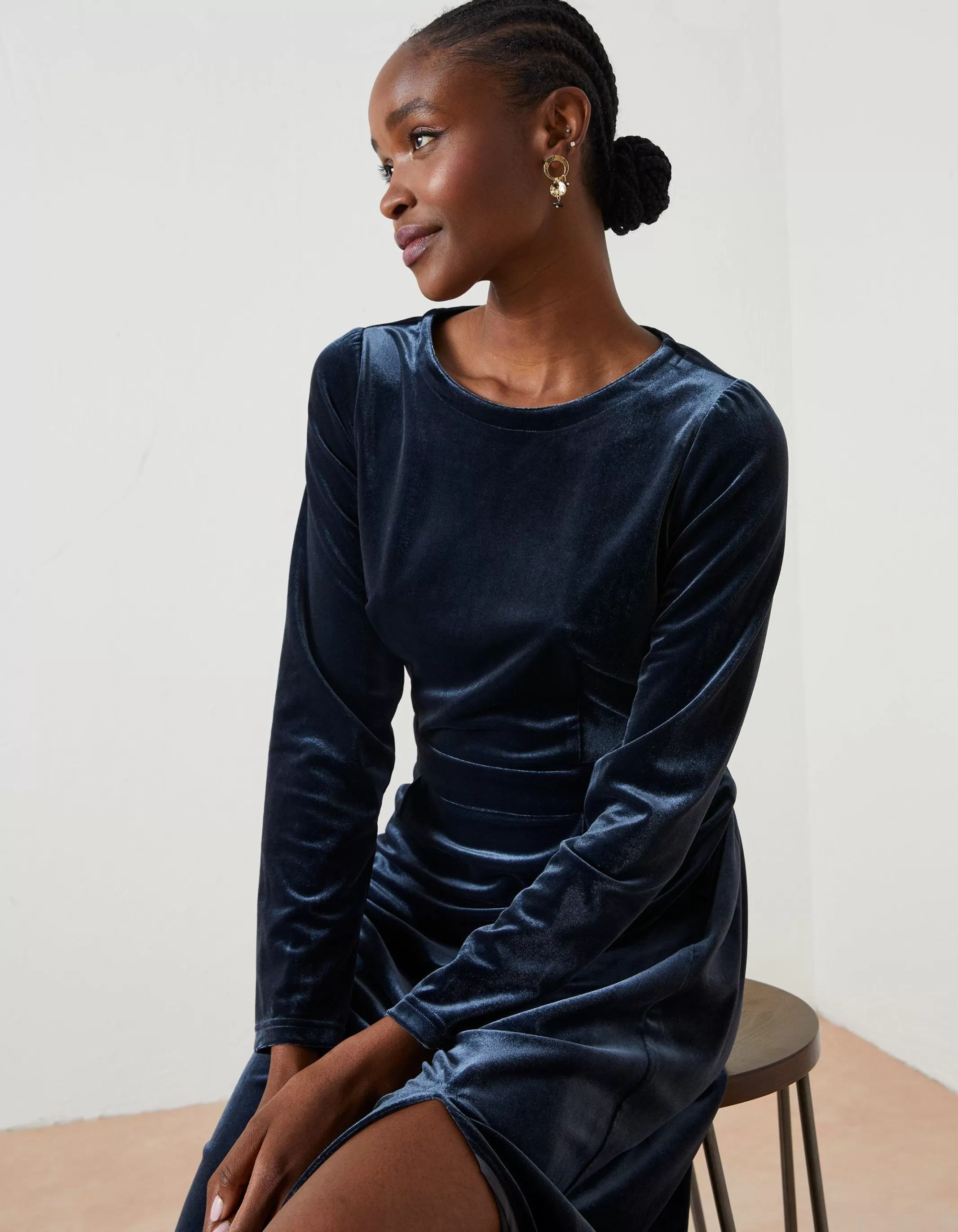 Clearance FatFace Haldon Velvet Midi Dress Dark Navy