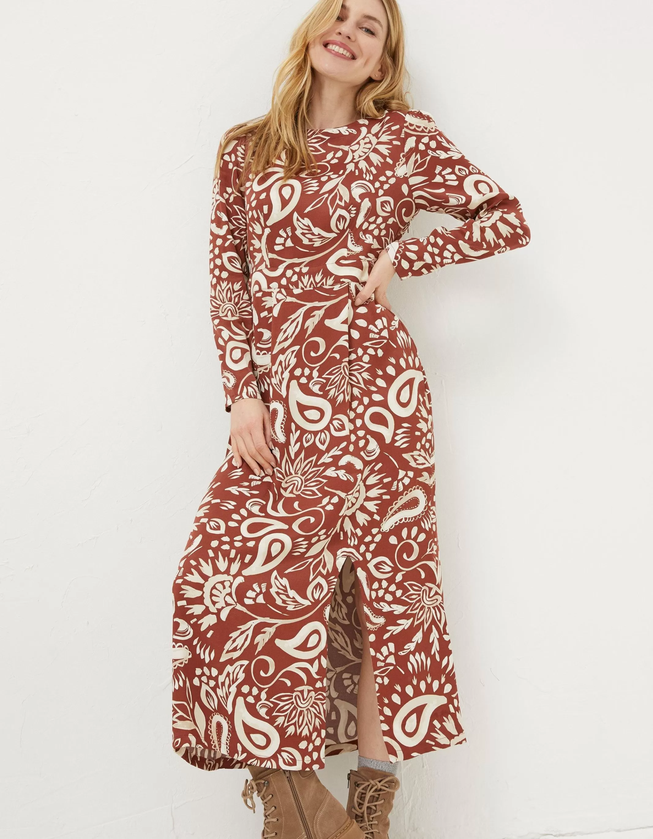 Sale FatFace Haldon Watercolour Midi Dress Brown