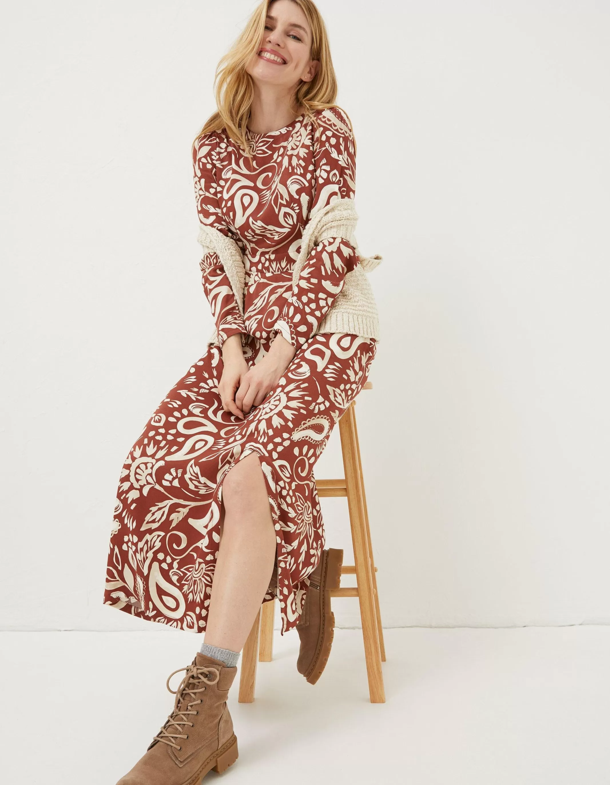 Sale FatFace Haldon Watercolour Midi Dress Brown