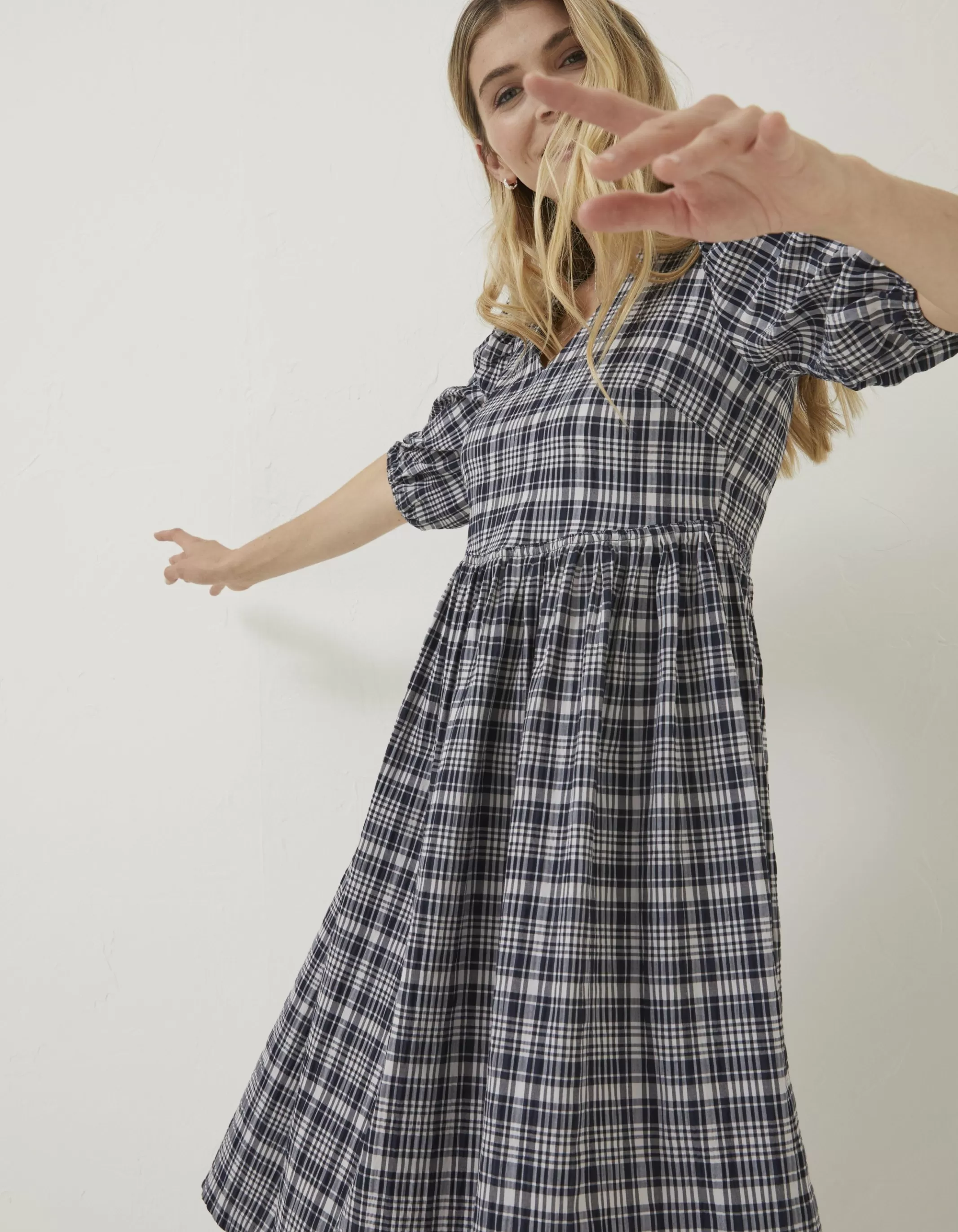 Outlet FatFace Hannah Puff Sleeve Check Midi Dress Navy