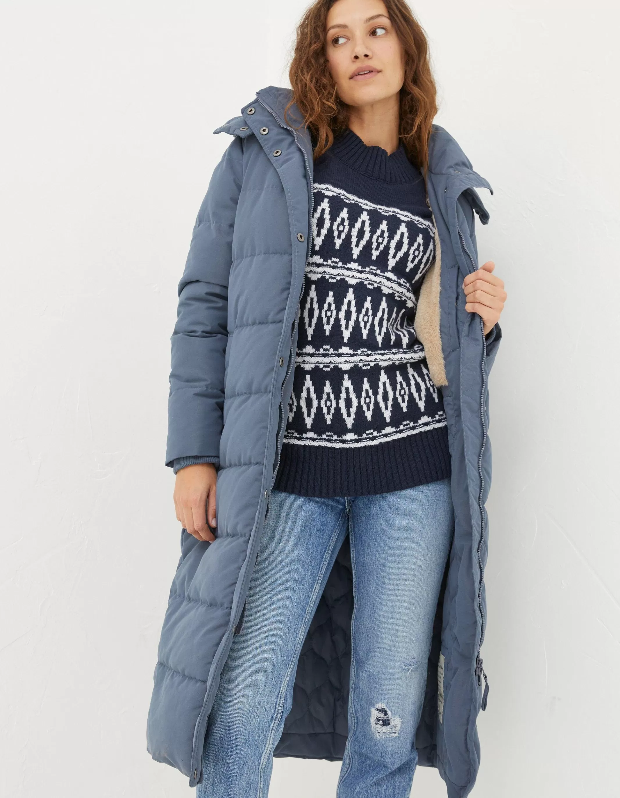 Shop FatFace Harley Long Puffer Coat Dusky Blue