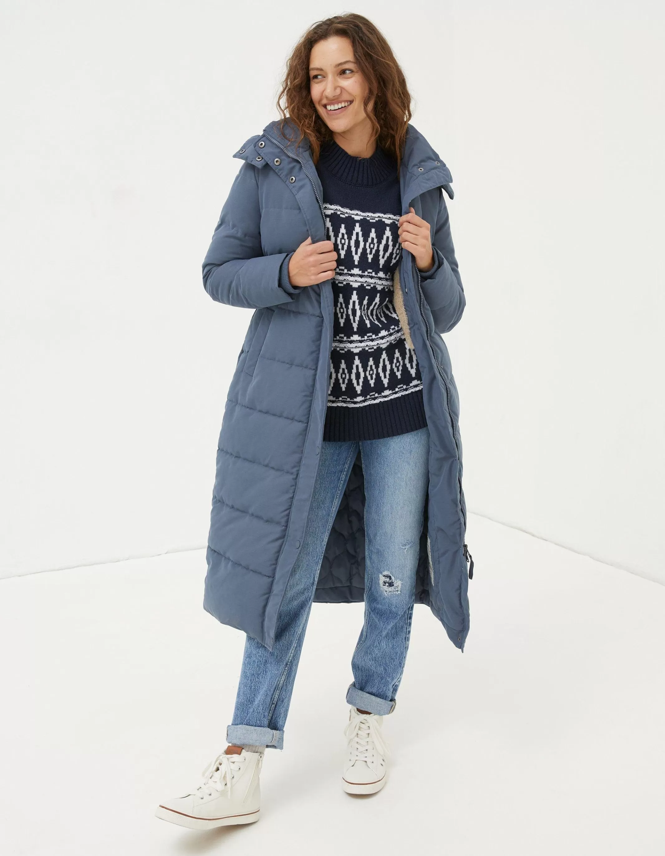 Shop FatFace Harley Long Puffer Coat Dusky Blue