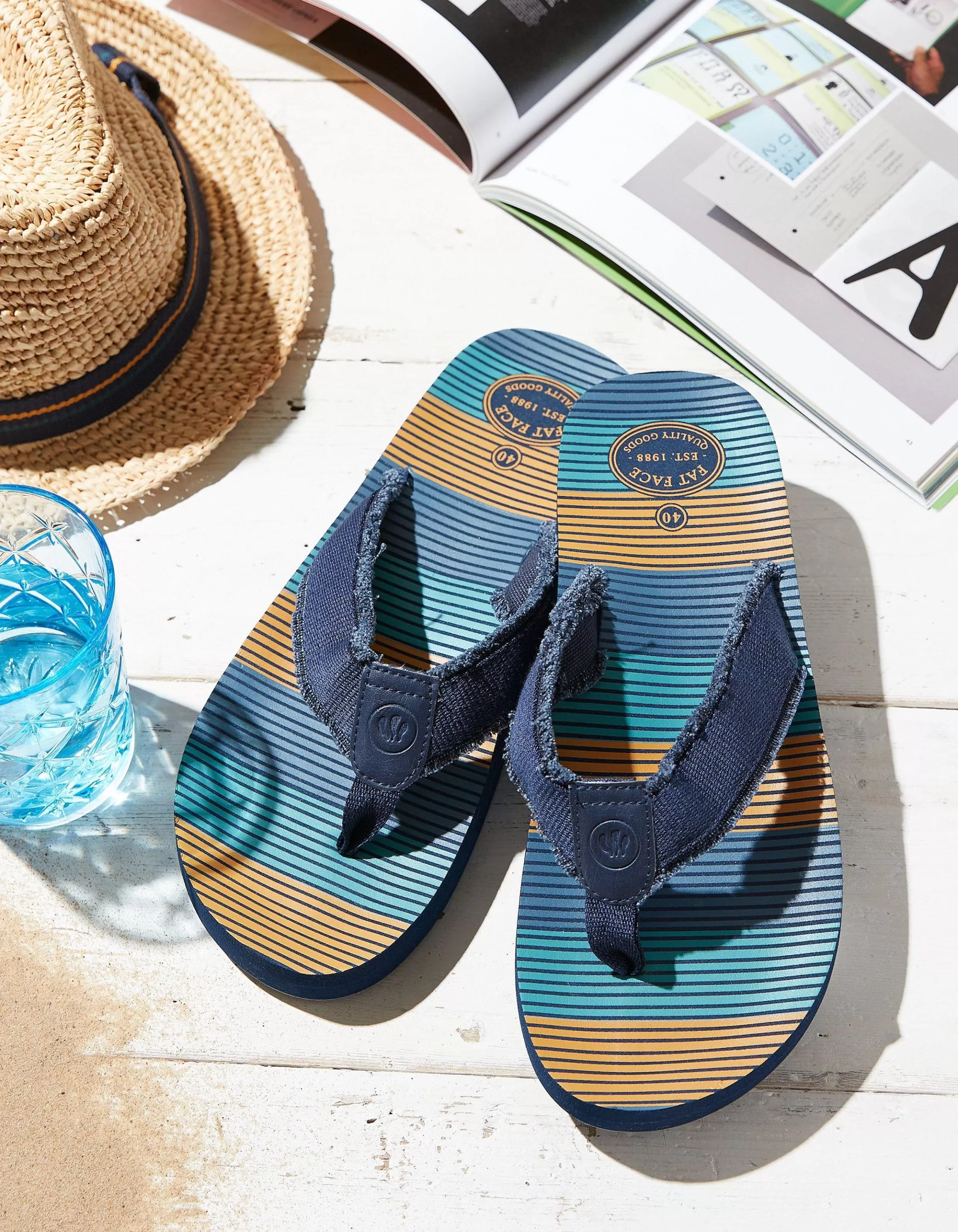New FatFace Harris Stripe Flip Flops Dark Teal