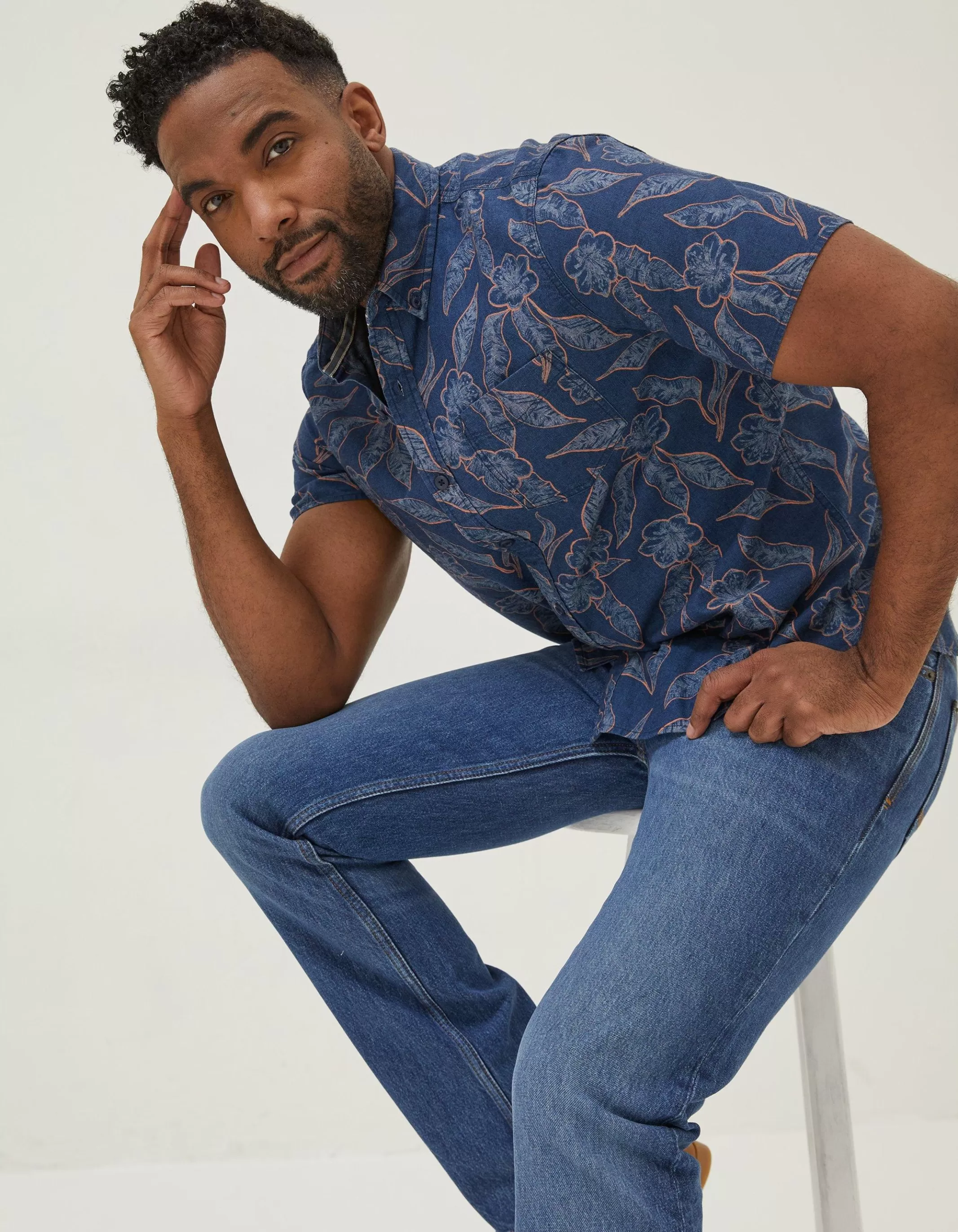 New FatFace Hibiscus Print Shirt Navy