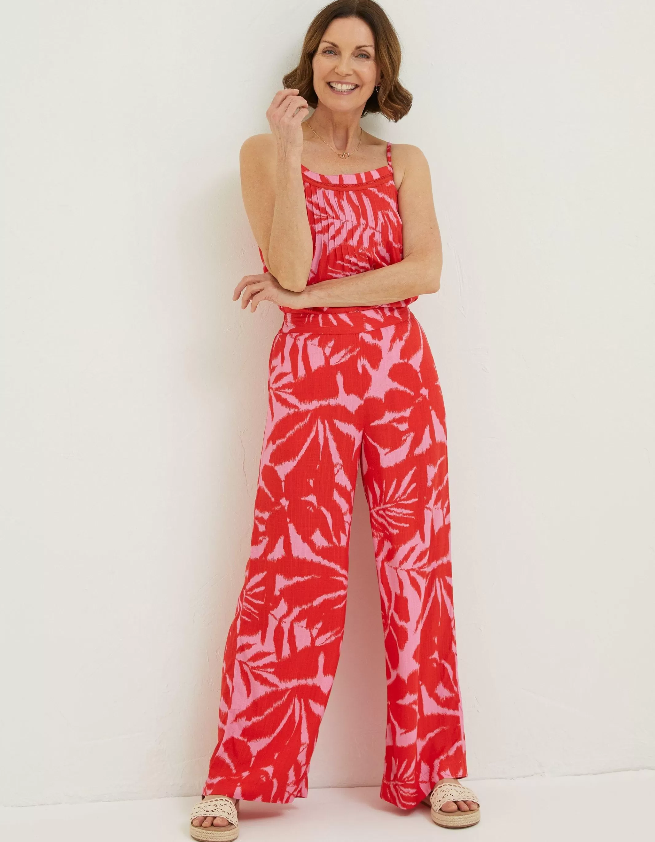 Discount FatFace Ikat Leaves Palazzo Trousers Bright Red