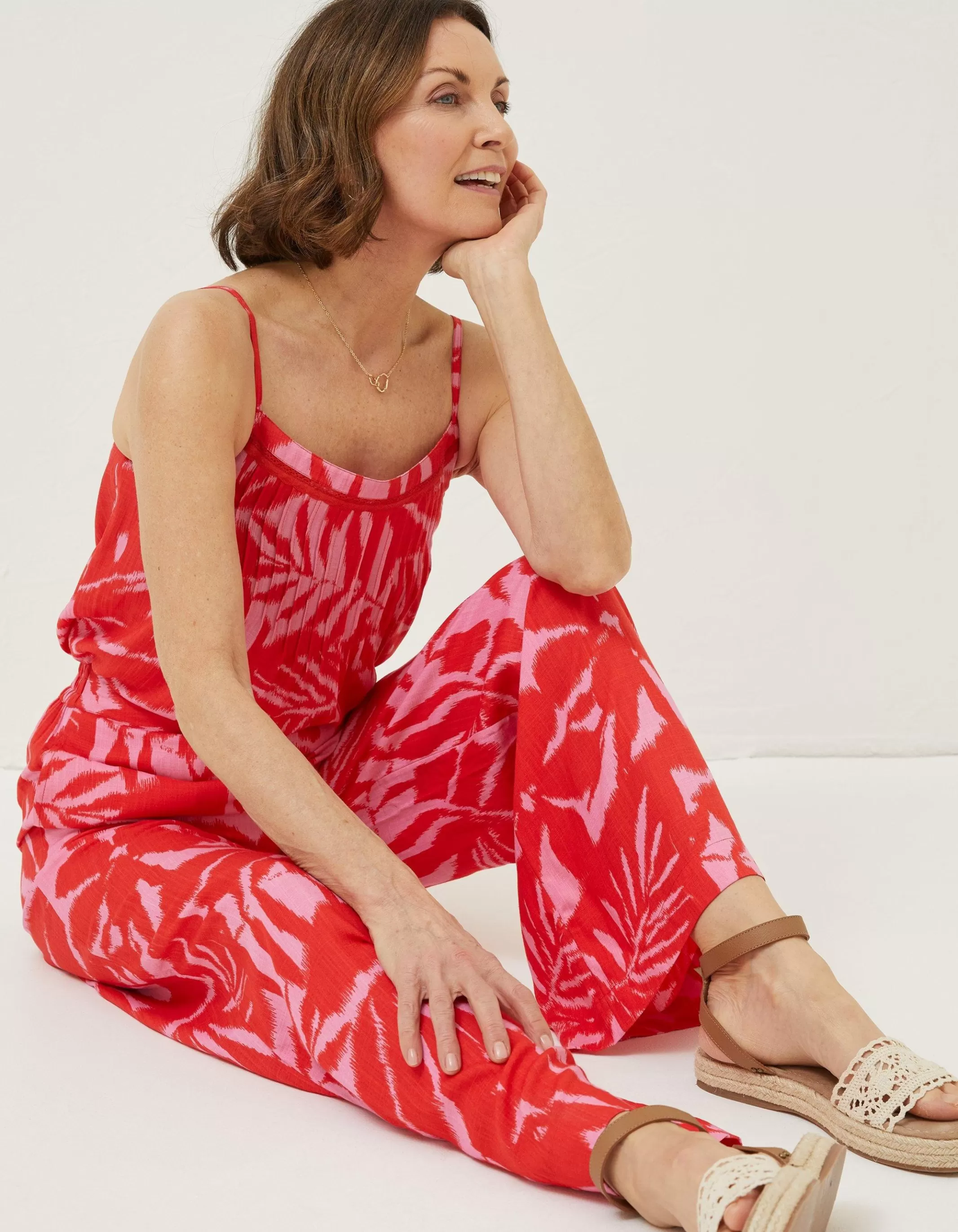 Discount FatFace Ikat Leaves Palazzo Trousers Bright Red