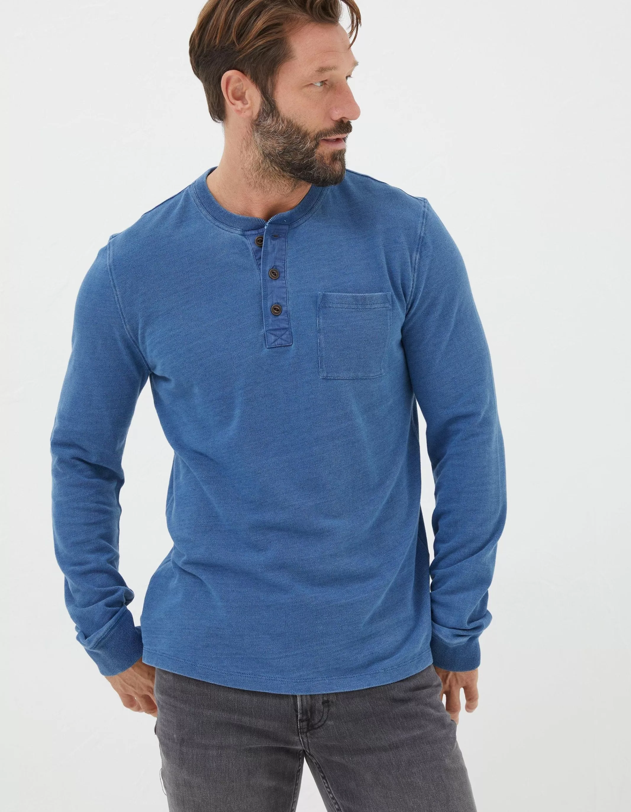Hot FatFace Indigo Henley T-Shirt Indigo Blue