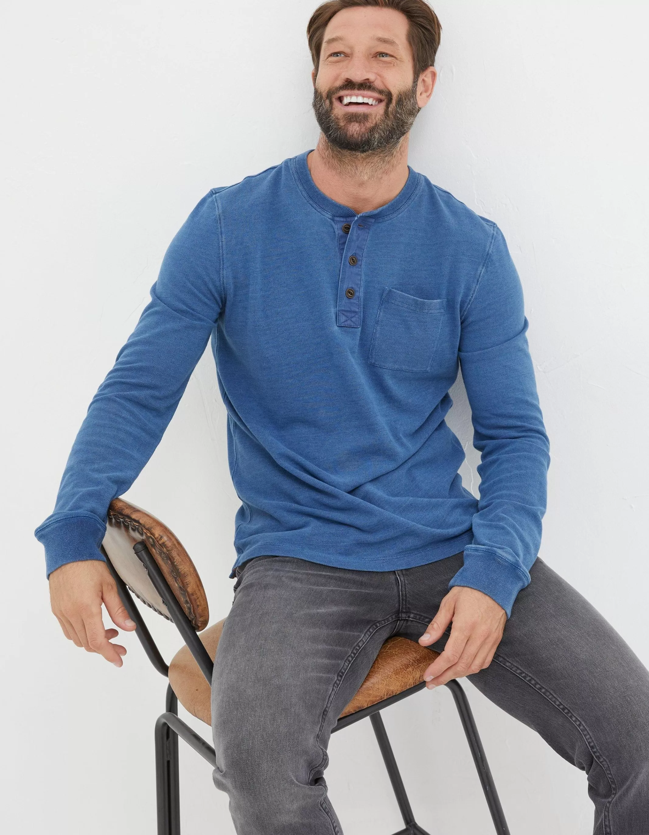 Hot FatFace Indigo Henley T-Shirt Indigo Blue