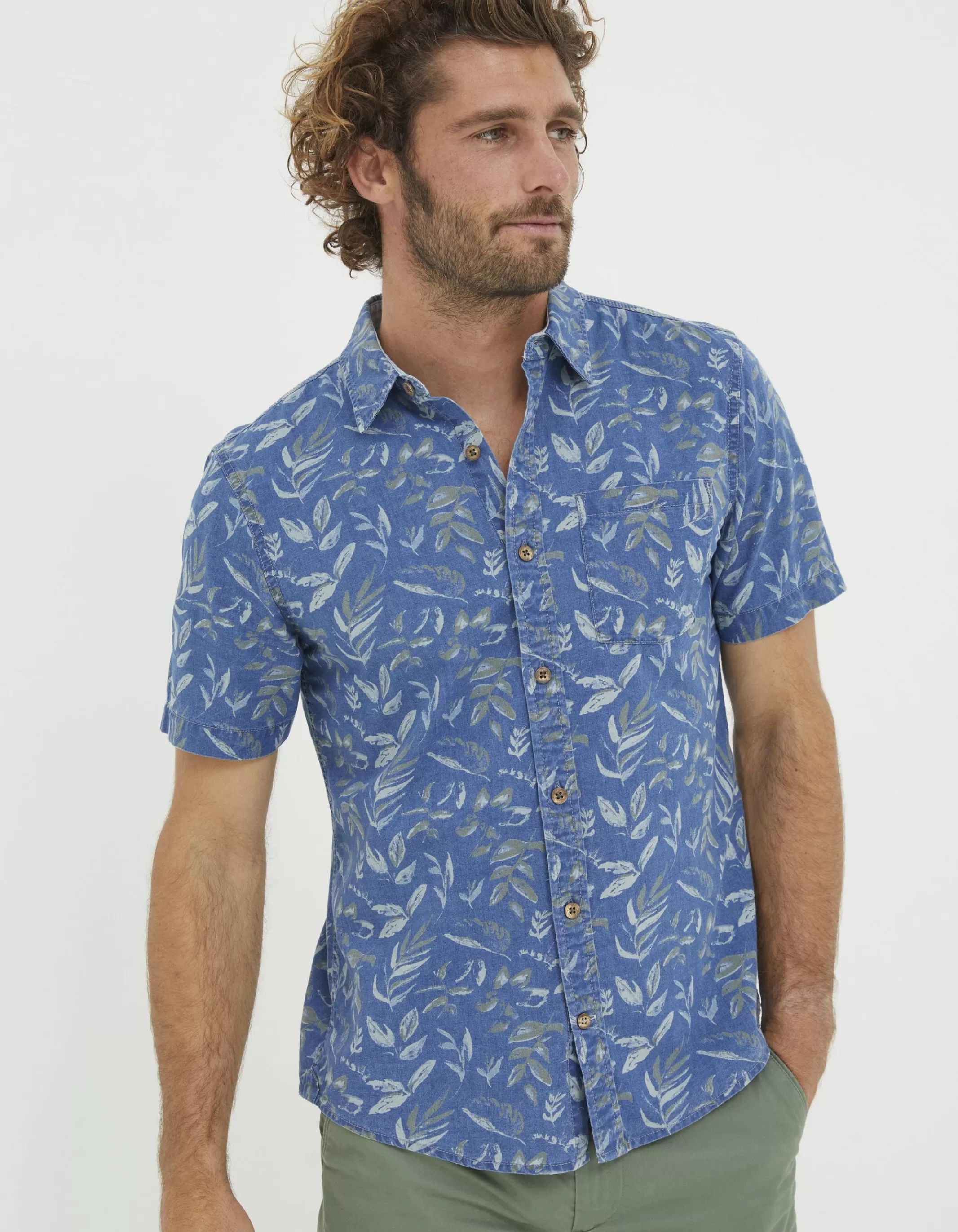 Outlet FatFace Indigo Leaf Print Shirt Blue
